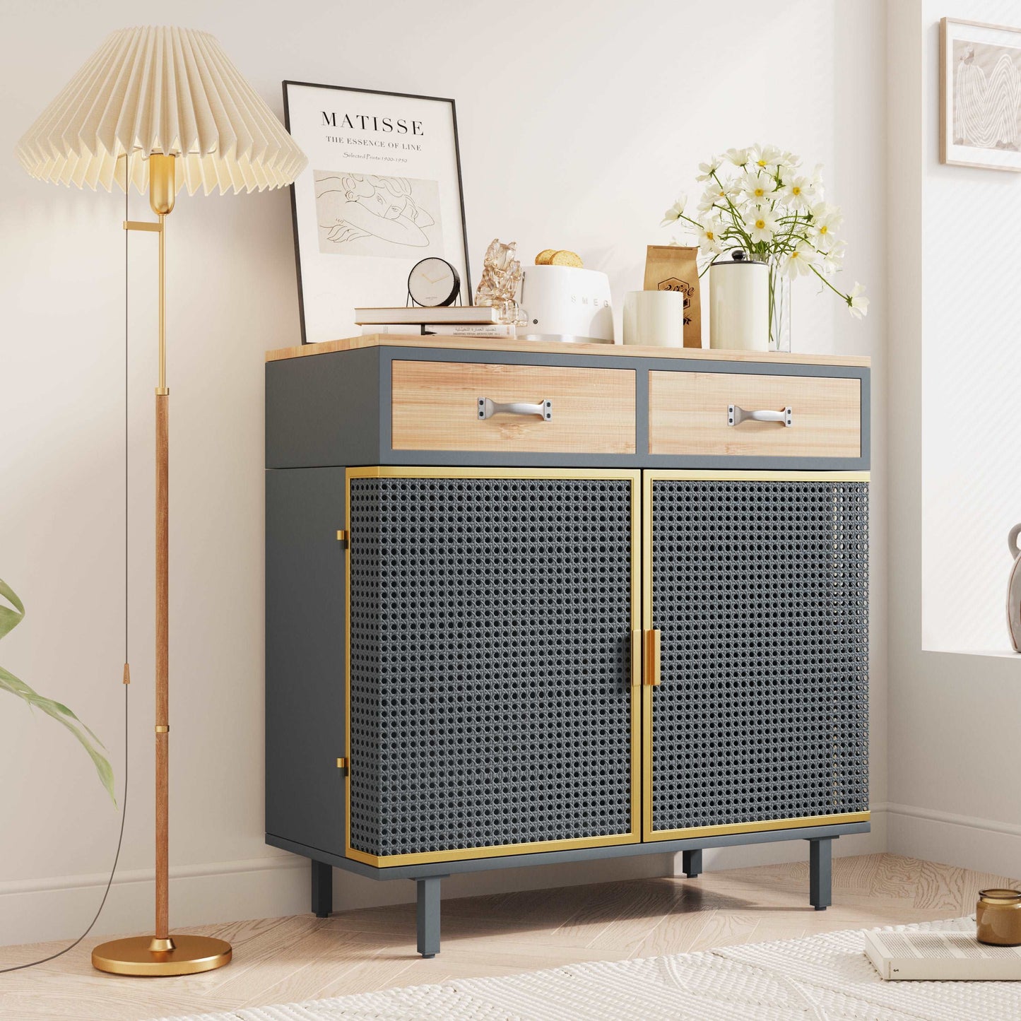 Carbonized Bamboo and Iron 2 Drawer Sideboard With Cabinet, Doors and Trim Grey