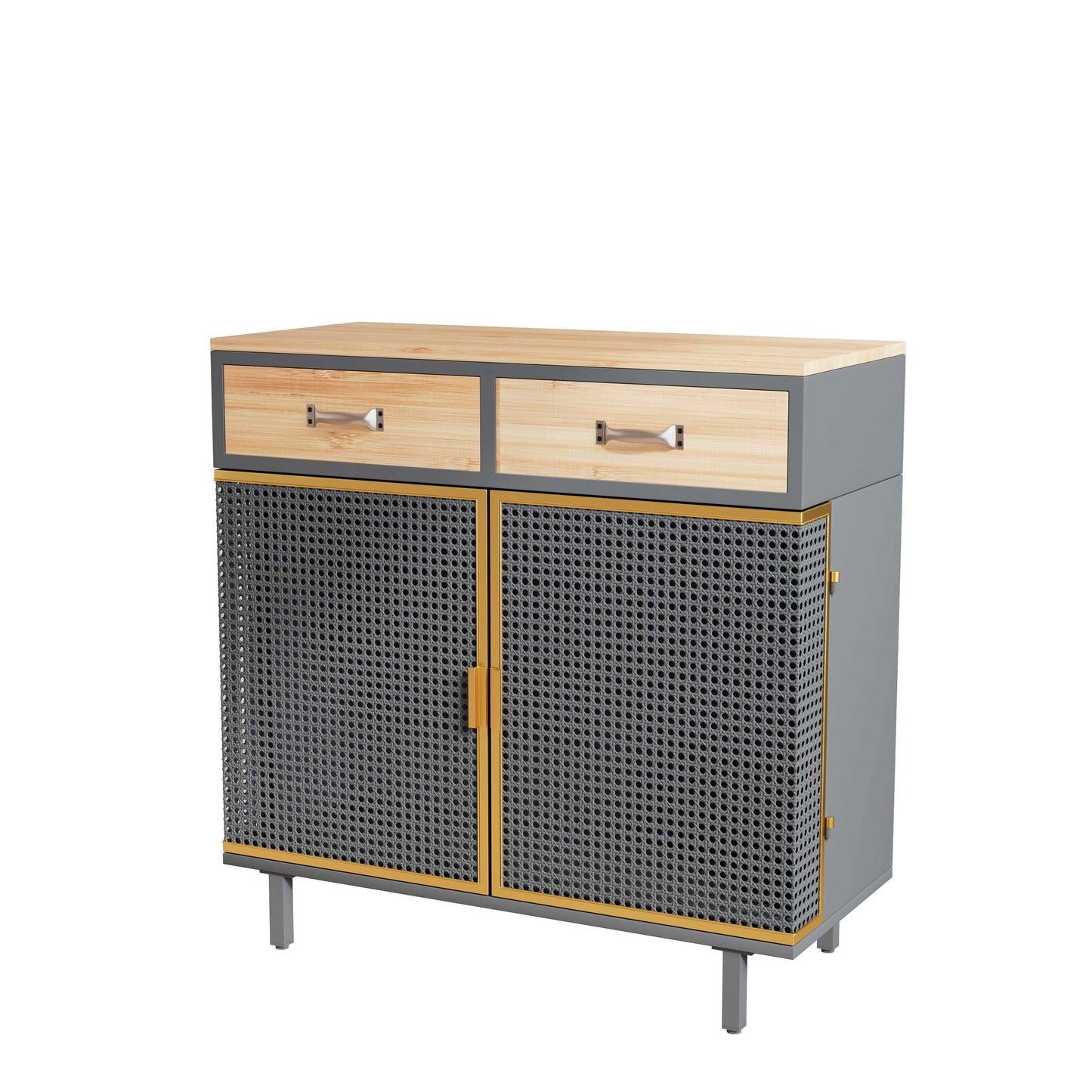 Carbonized Bamboo and Iron 2 Drawer Sideboard With Cabinet, Doors and Trim Grey