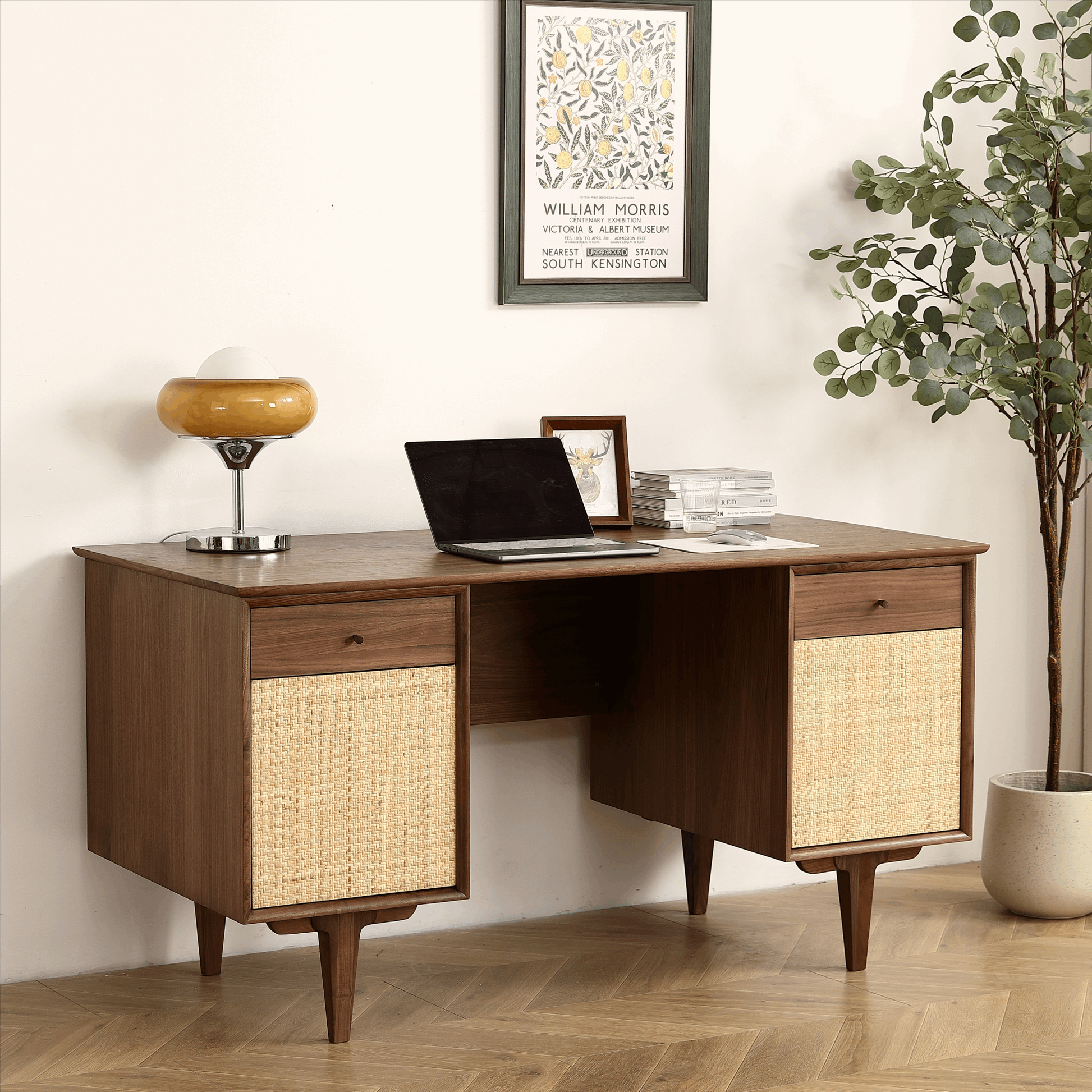 Black Walnut Rattan Home Office Desk