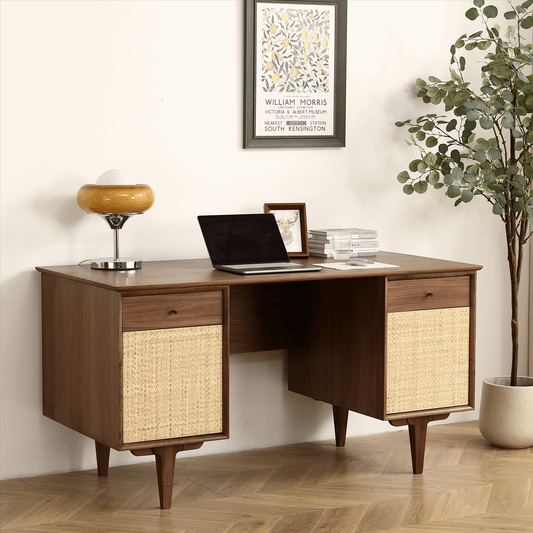 Black Walnut Rattan Home Office Desk