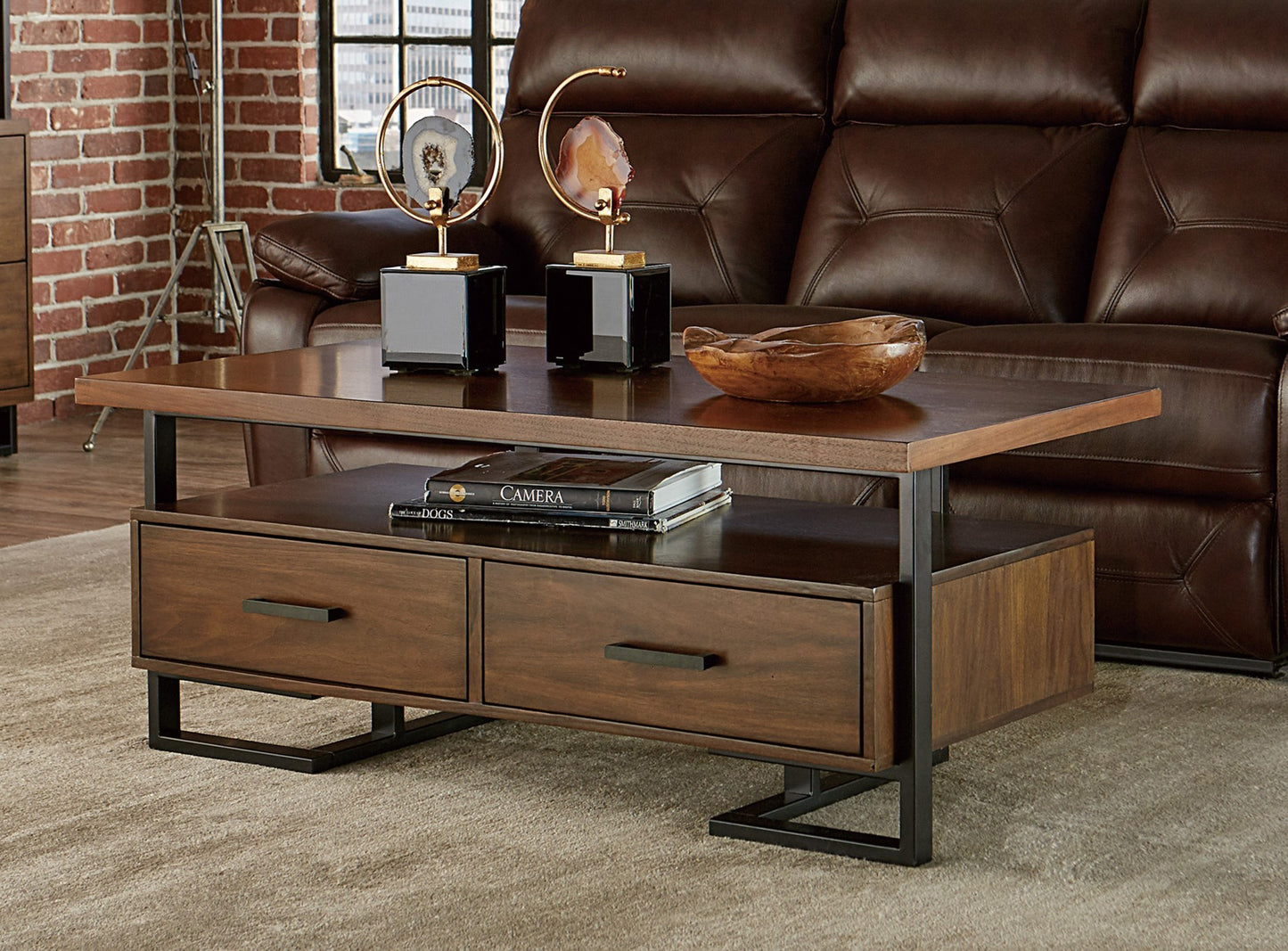 Contemporary Coffee Table with Drawers, Walnut Wood and Black Metal Finish