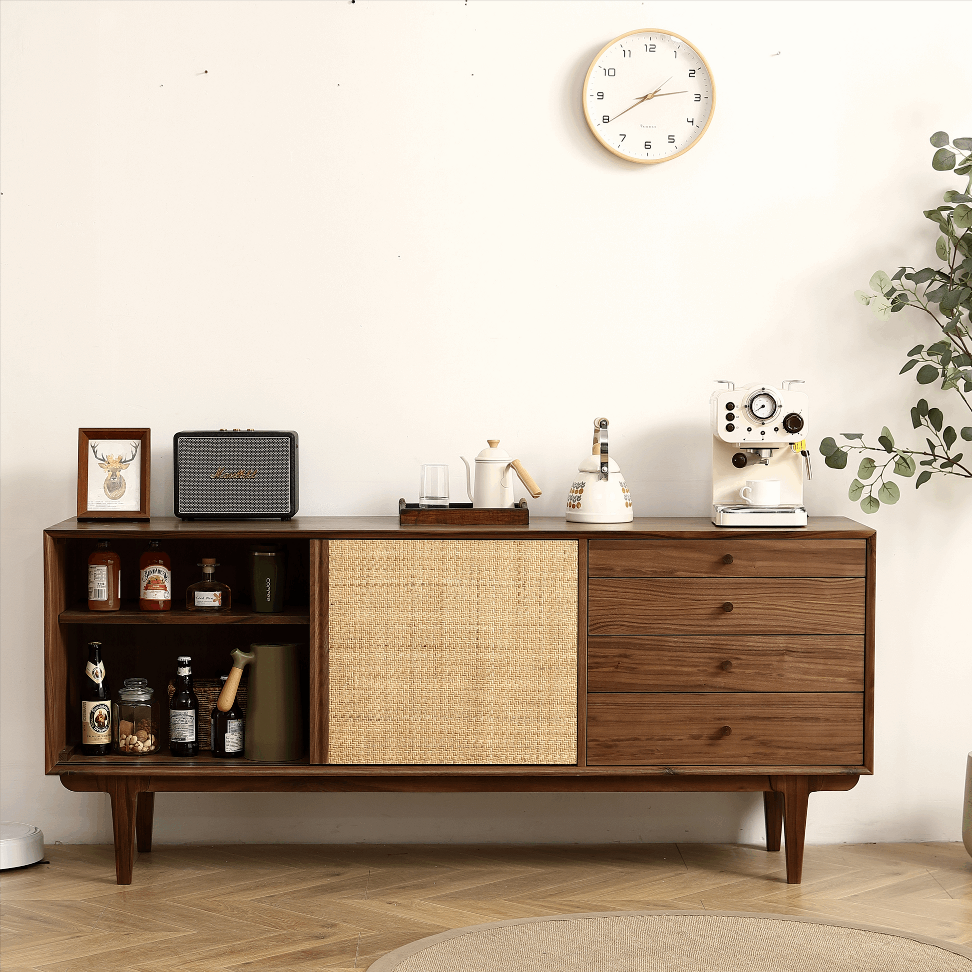 Black Walnut Rattan Two Door Four Drawer Sideboard Buffet Cabinet