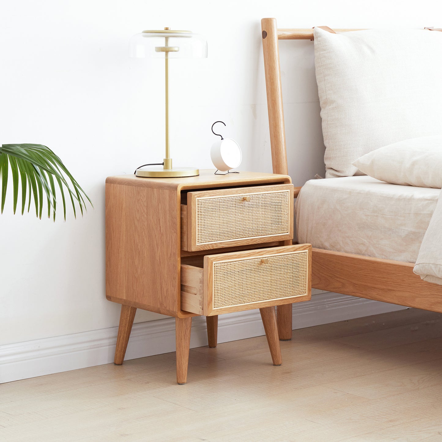 Simple Solid Wood Nightstands w/ Rattan Drawers