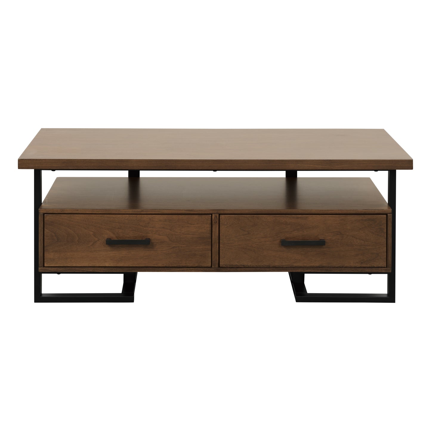 Contemporary Coffee Table with Drawers, Walnut Wood and Black Metal Finish