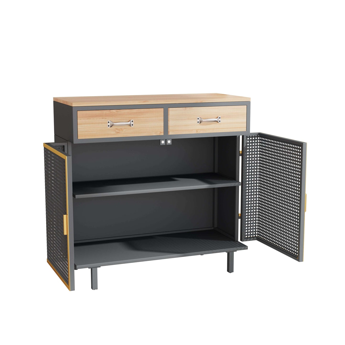 Carbonized Bamboo and Iron 2 Drawer Sideboard With Cabinet, Doors and Trim Grey