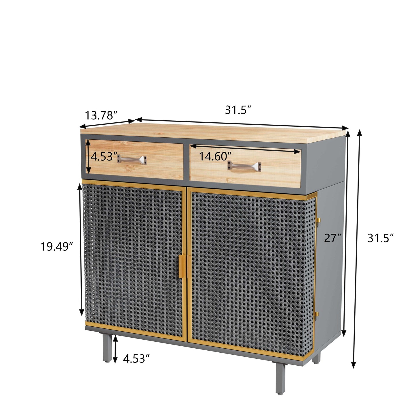 Carbonized Bamboo and Iron 2 Drawer Sideboard With Cabinet, Doors and Trim Grey