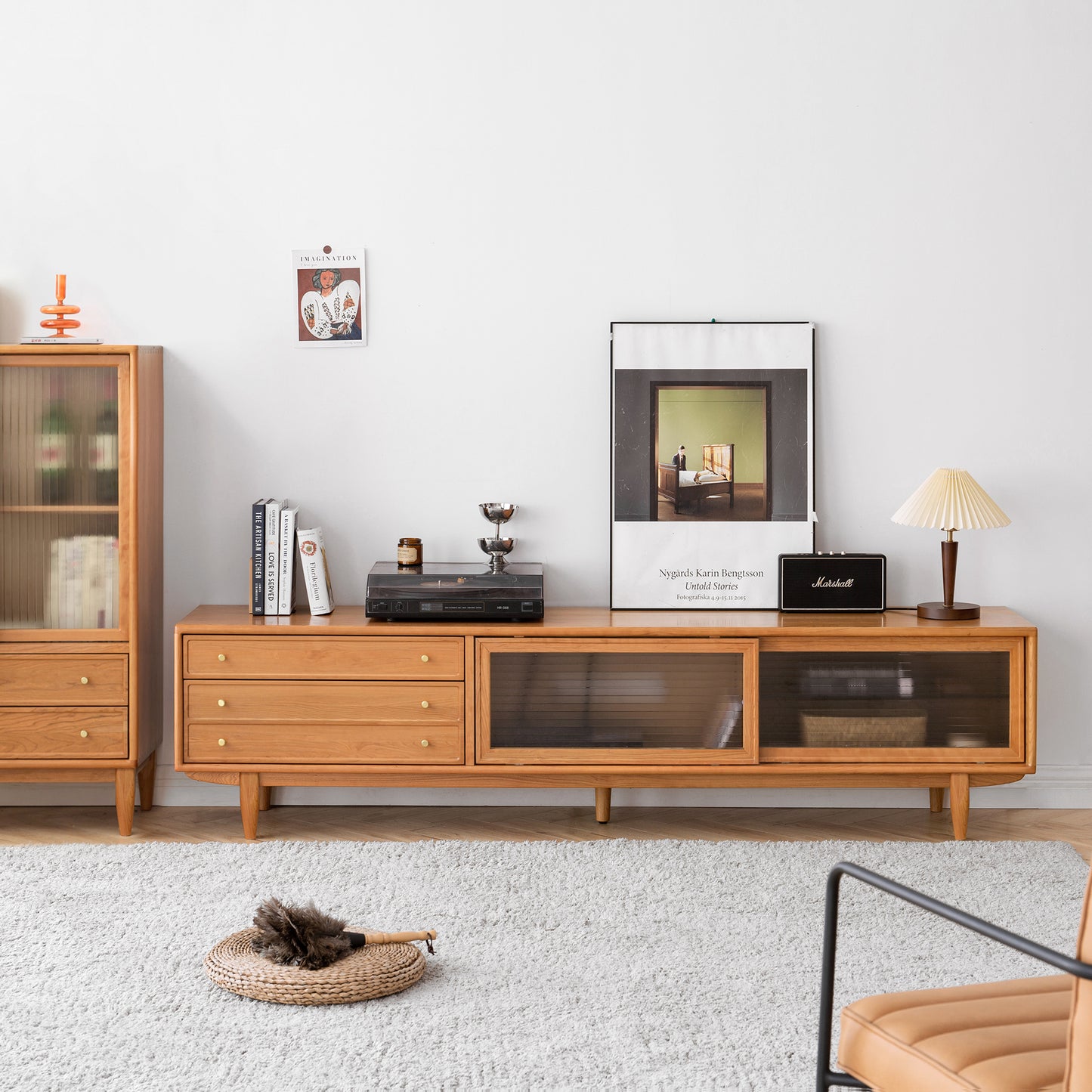 Solid Cherry Wood TV Cabinet with Glass Doors, Two Drawers