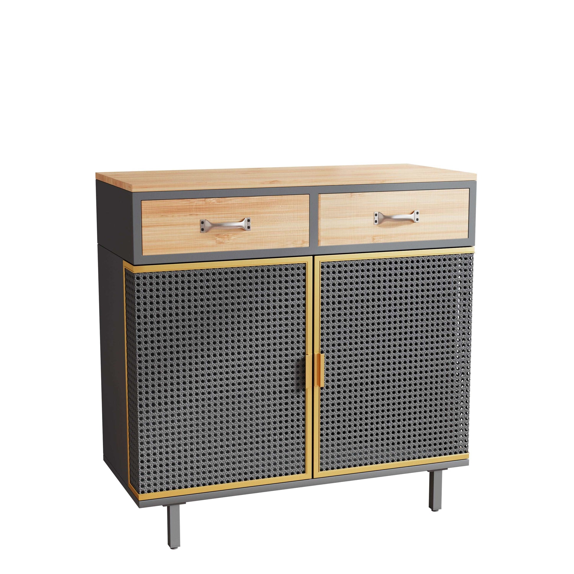 Carbonized Bamboo and Iron 2 Drawer Sideboard With Cabinet, Doors and Trim Grey