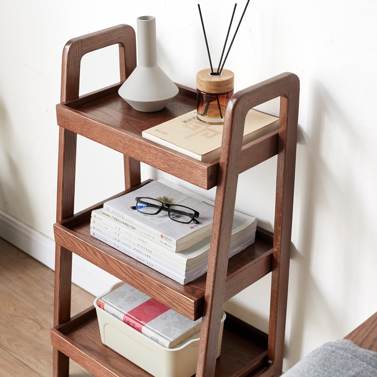 Solid Oak Storage 3-Tier Nightstand, Walnut