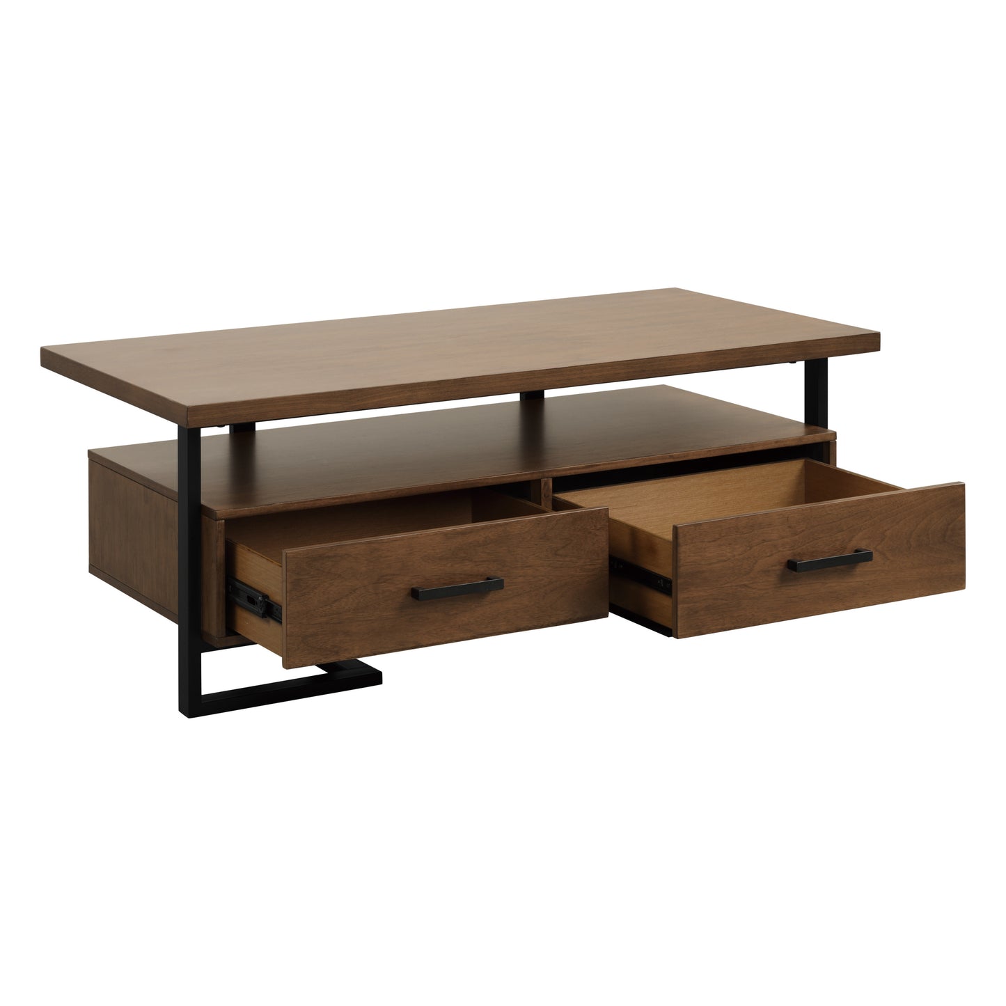 Contemporary Coffee Table with Drawers, Walnut Wood and Black Metal Finish