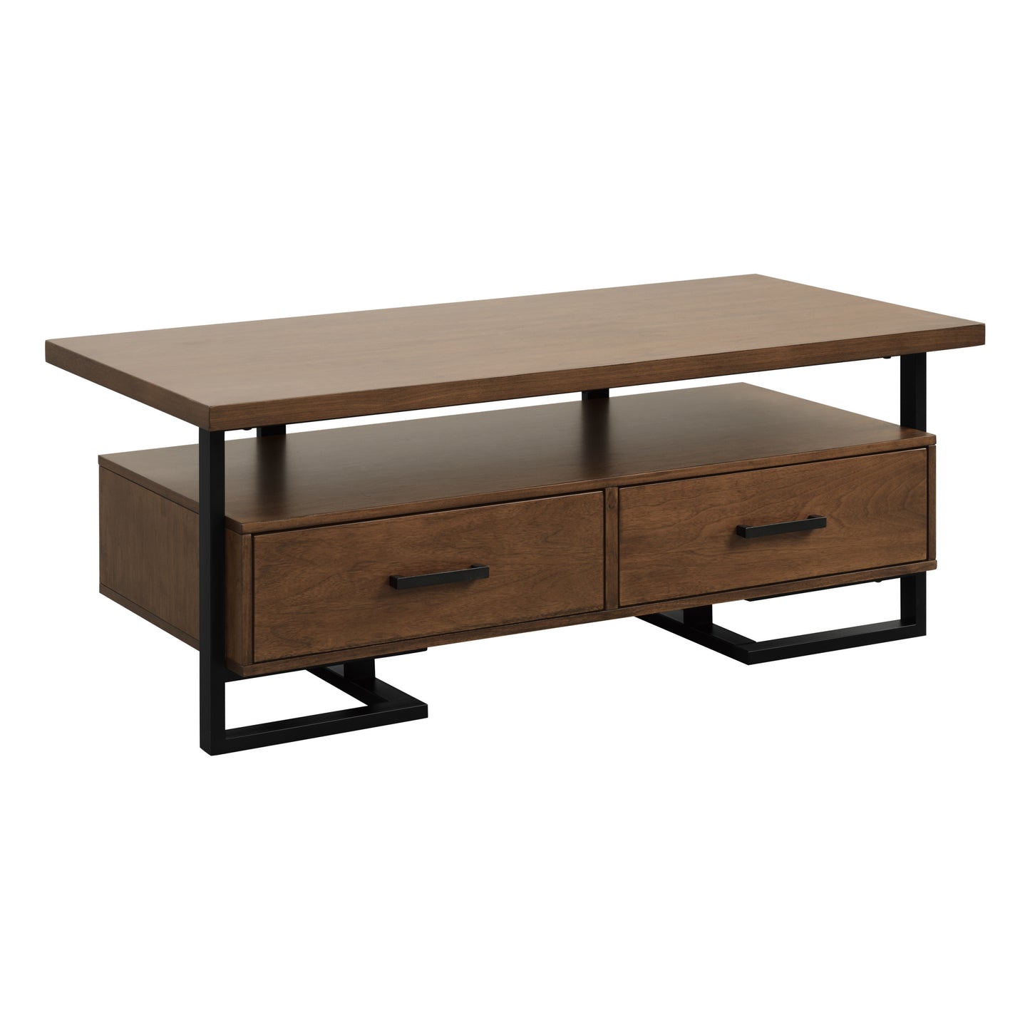 Contemporary Coffee Table with Drawers, Walnut Wood and Black Metal Finish