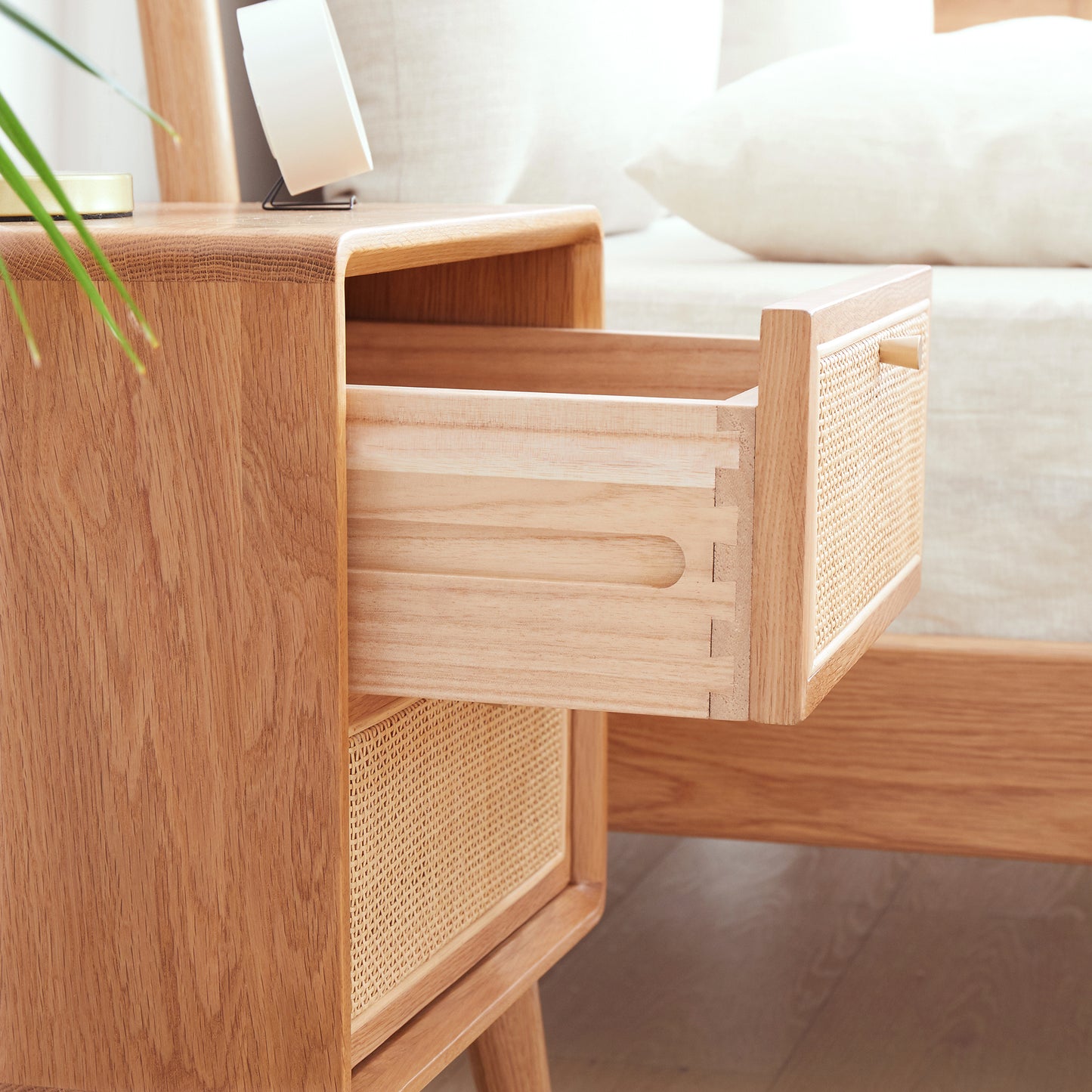 Simple Solid Wood Nightstands w/ Rattan Drawers