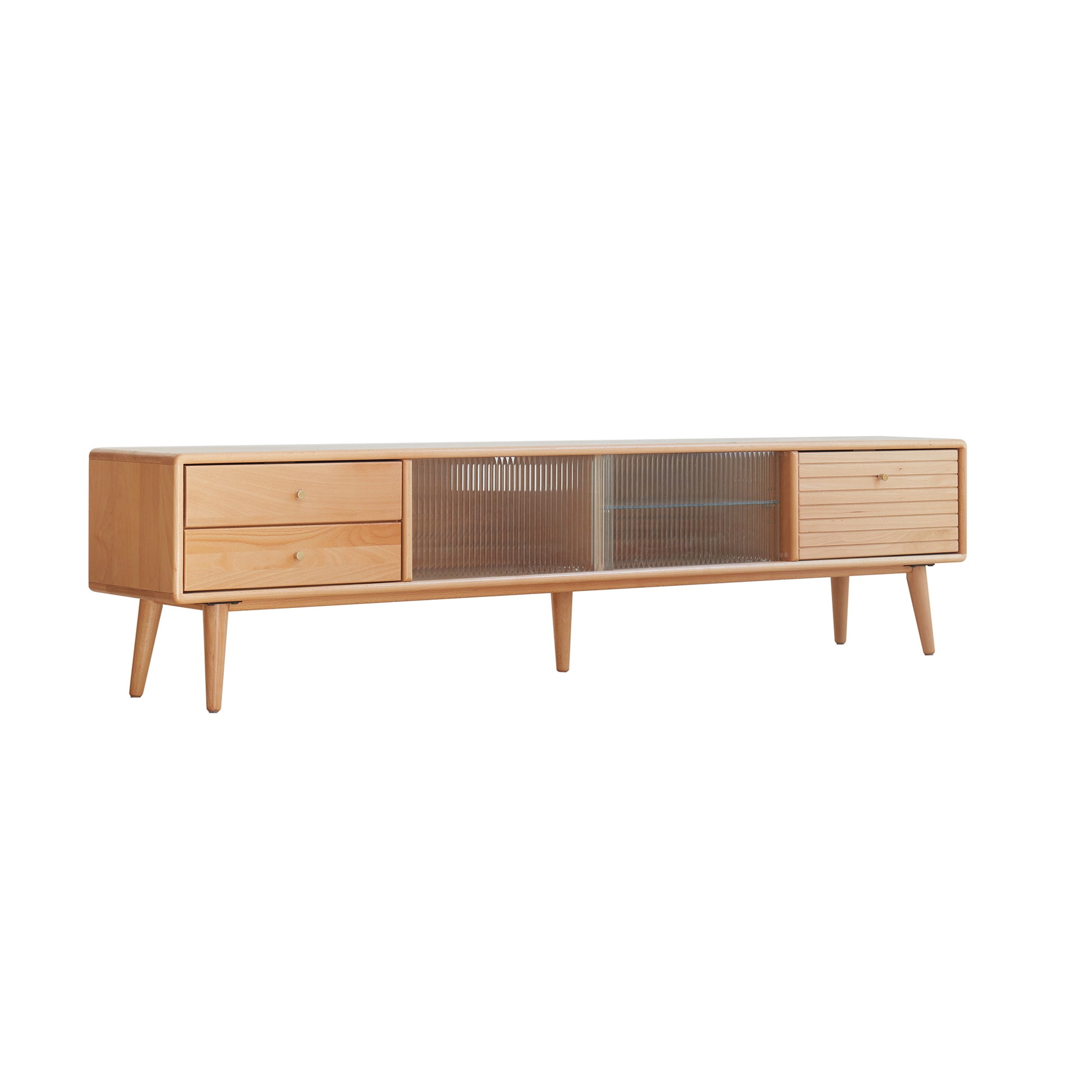 YESWOOD Solid Beech Wood TV Cabinet with Glass Doors, Two Drawers