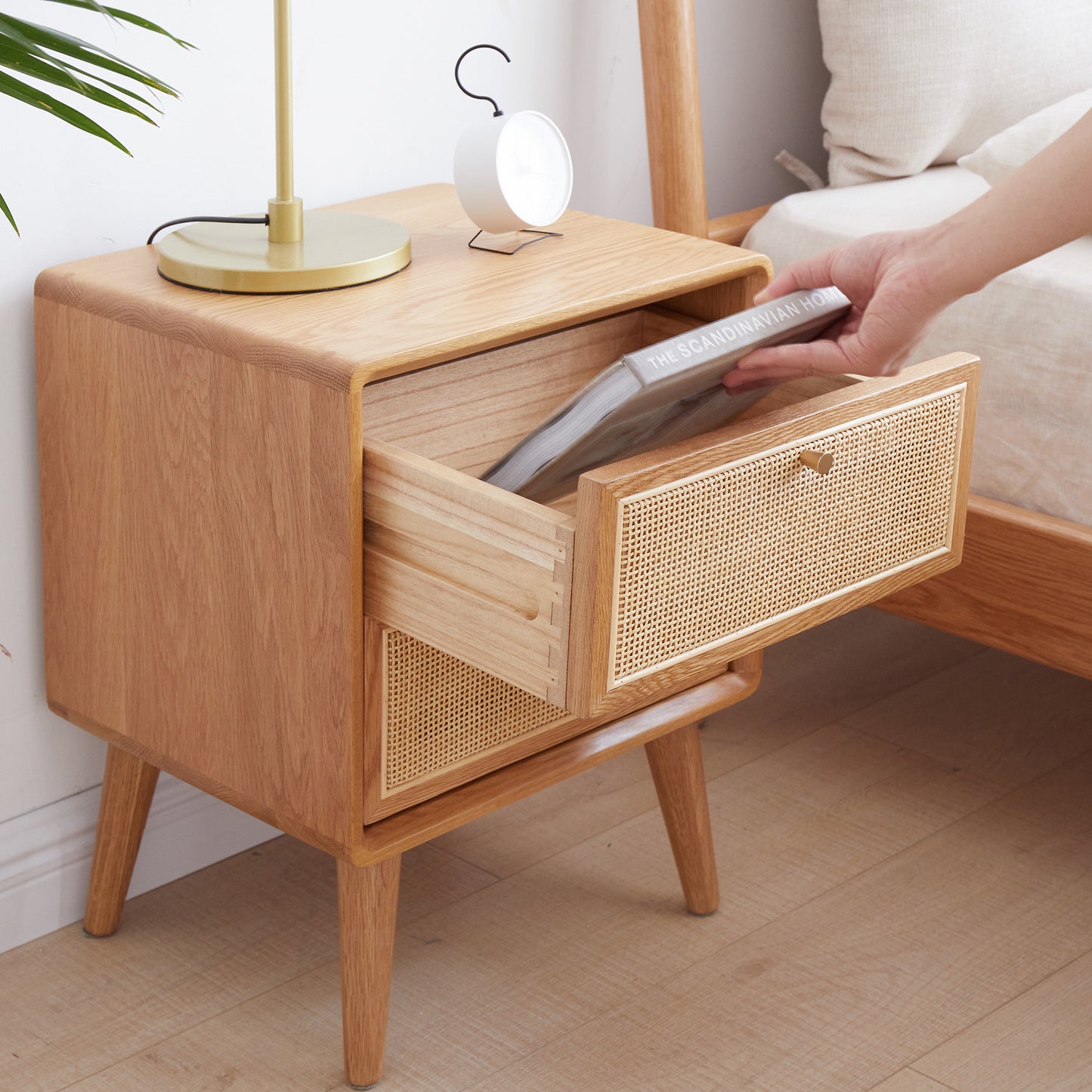 Simple Solid Wood Nightstands w/ Rattan Drawers