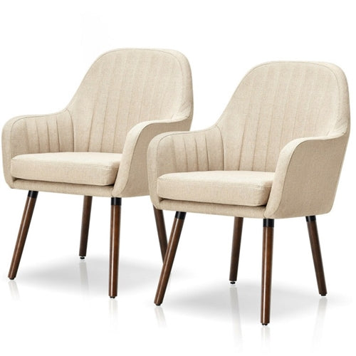 Retro Linen Accent Chair with Wood Legs - Off White (Set of 2 )