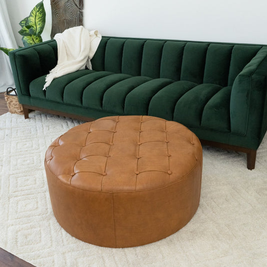 Malay Round Leather Ottoman | Tan