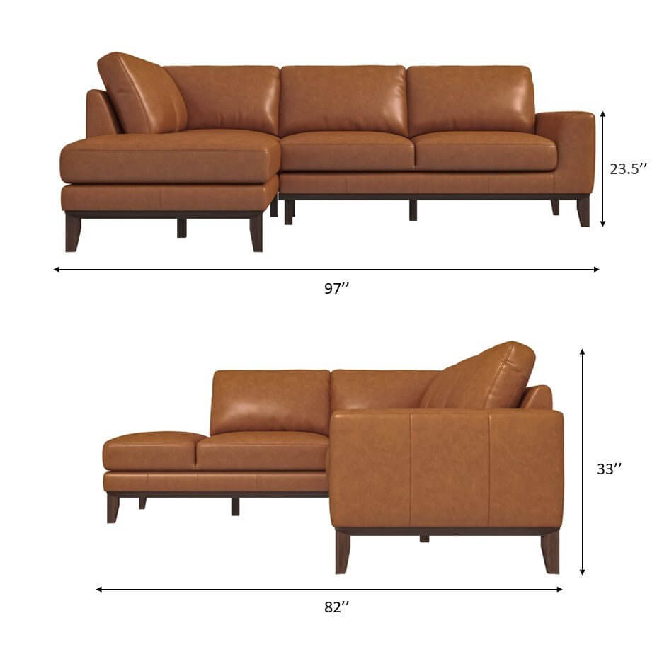 Lawrence Leather Sectional Sofa with Right, Tan, dimensions