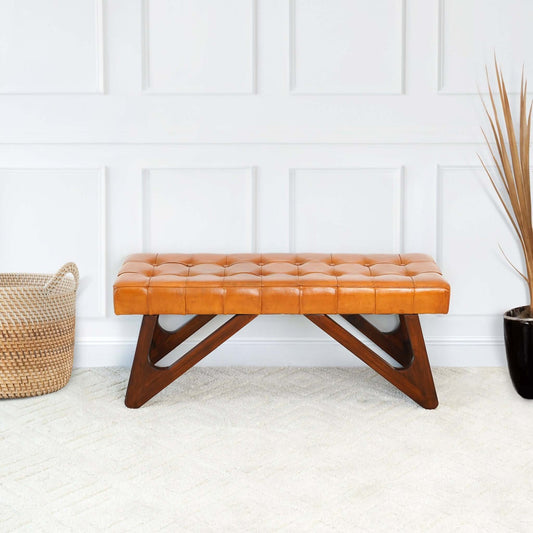 Tan Leather Bench with Buttons 