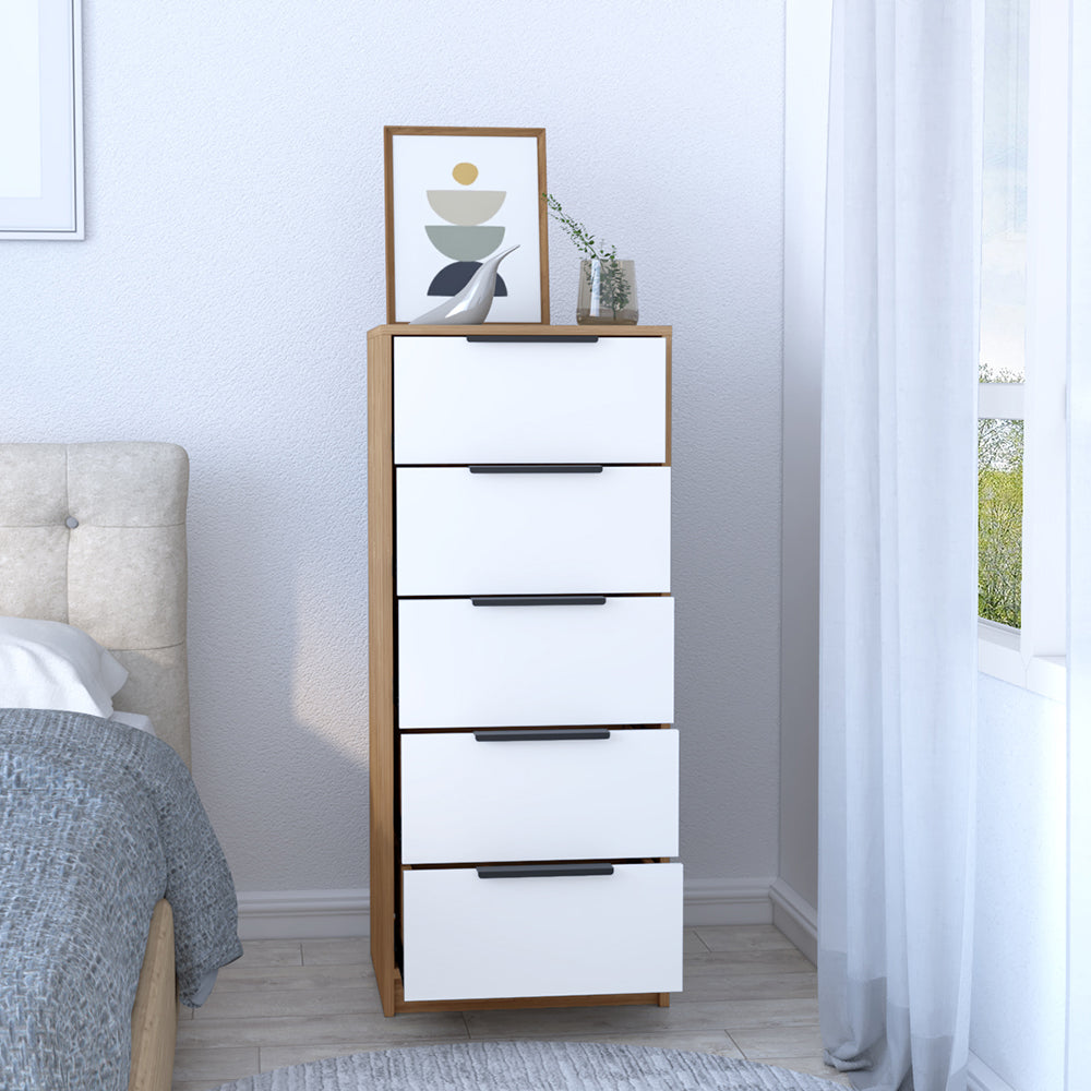 5 Drawers Dresser Maryland, Metal Handle, White / Pine Finish-1