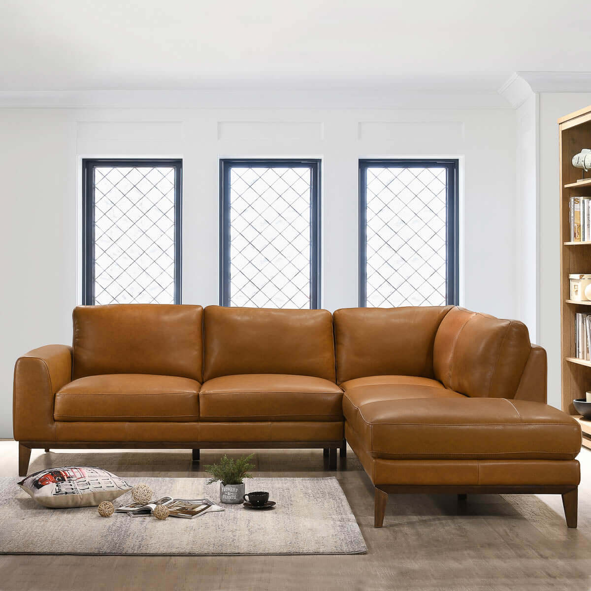 Lawrence Leather Sectional Sofa, Tan, Right Chaise