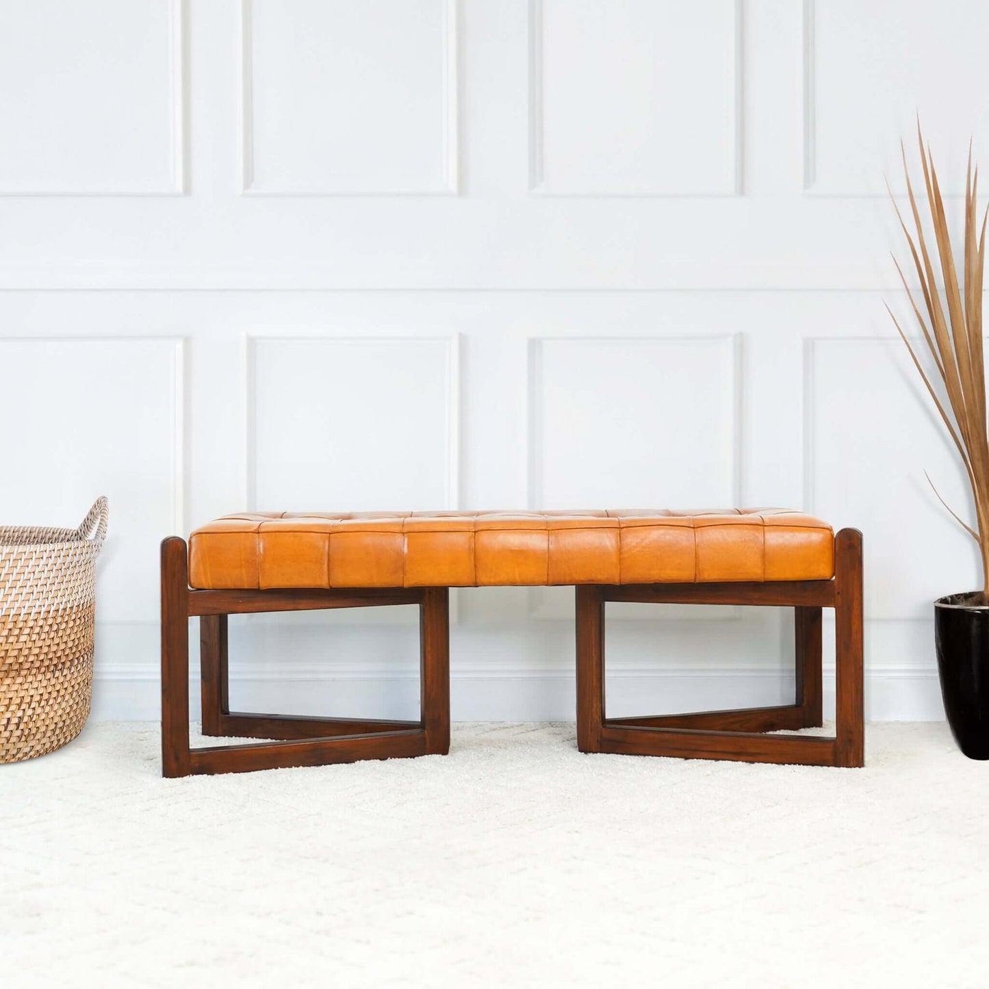 Leather Bench with Buttons Tan