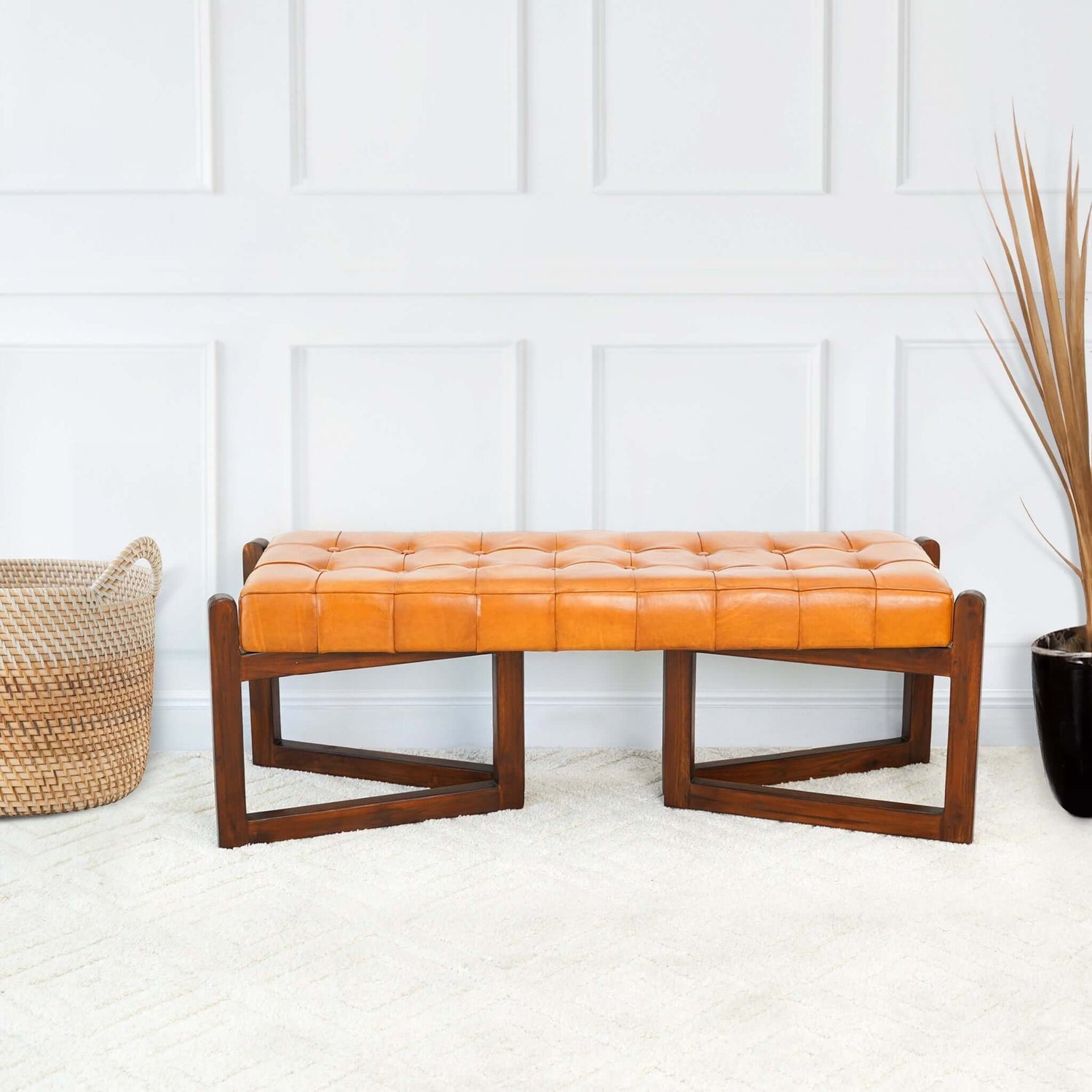 Leather Bench with Buttons Tan