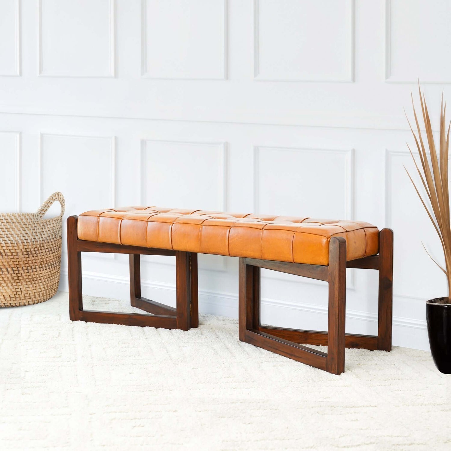 Leather Bench with Buttons Tan