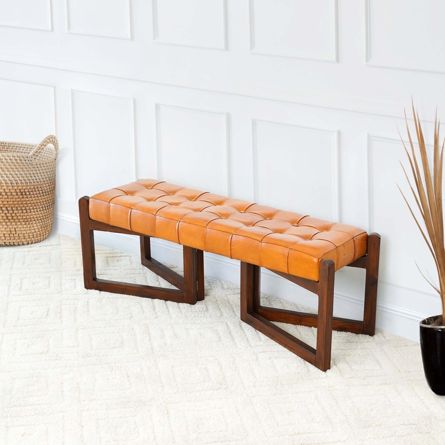 Leather Bench with Buttons Tan