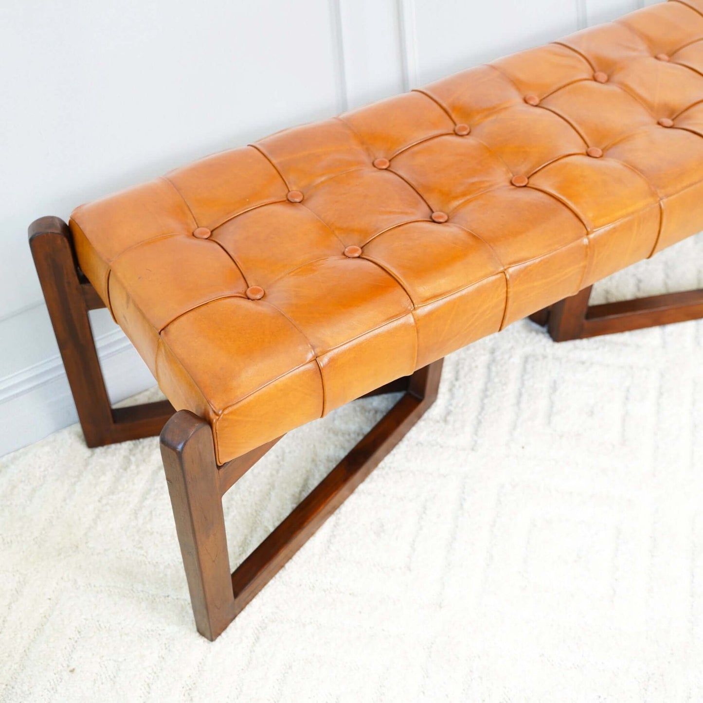 Leather Bench with Buttons Tan