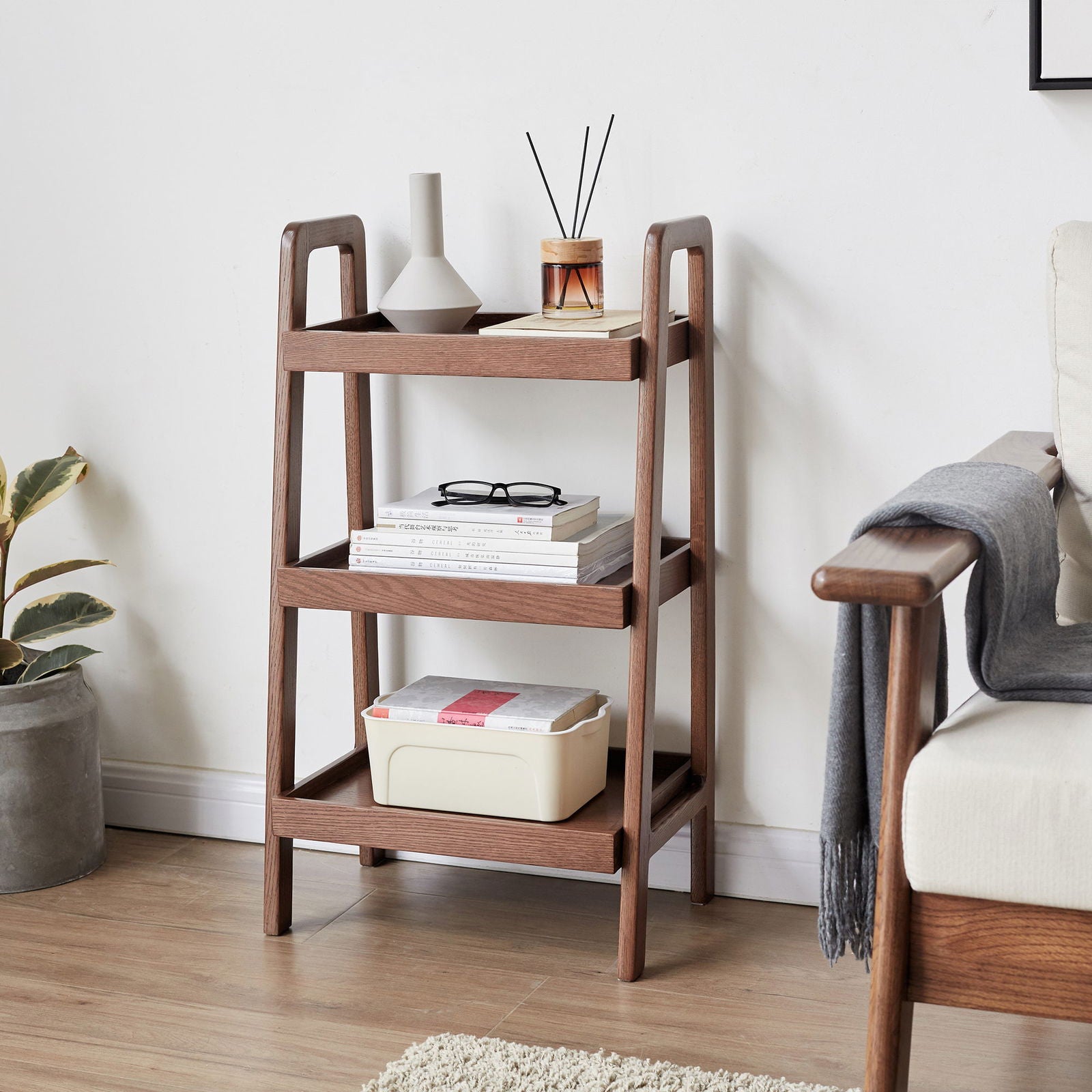 Solid Oak Storage 3-Tier Nightstand, Walnut