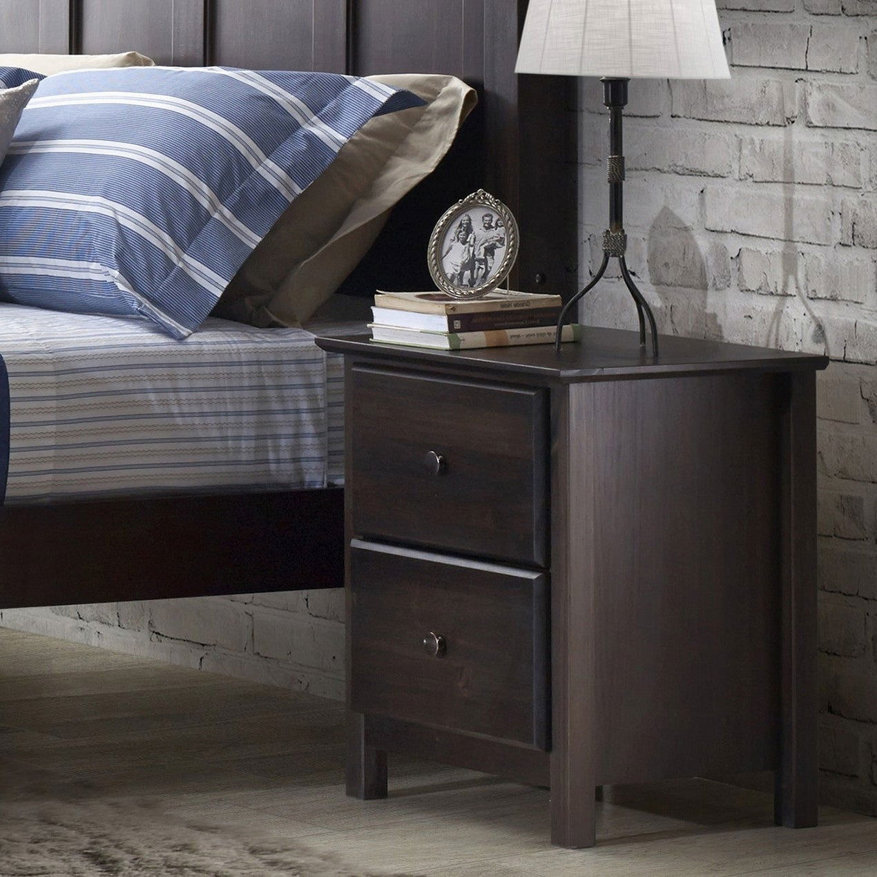 Solid Pine Espresso Wood 2 Drawer Nightstand