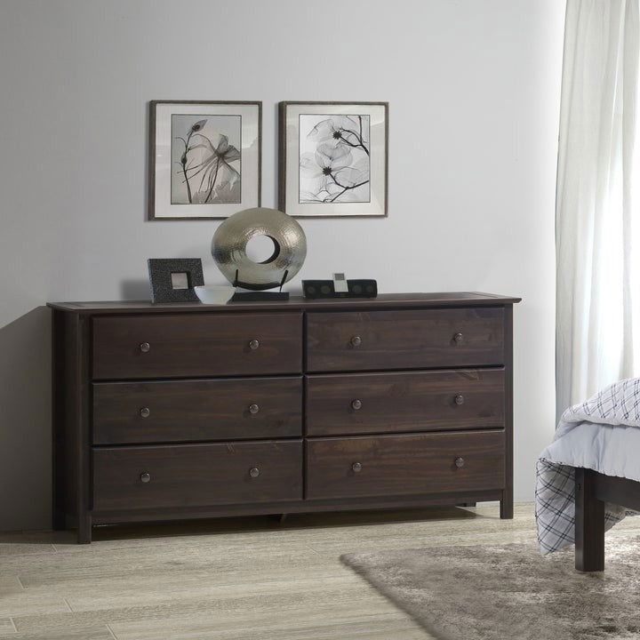 Solid Pine Espresso Wood 6 Drawer Dresser