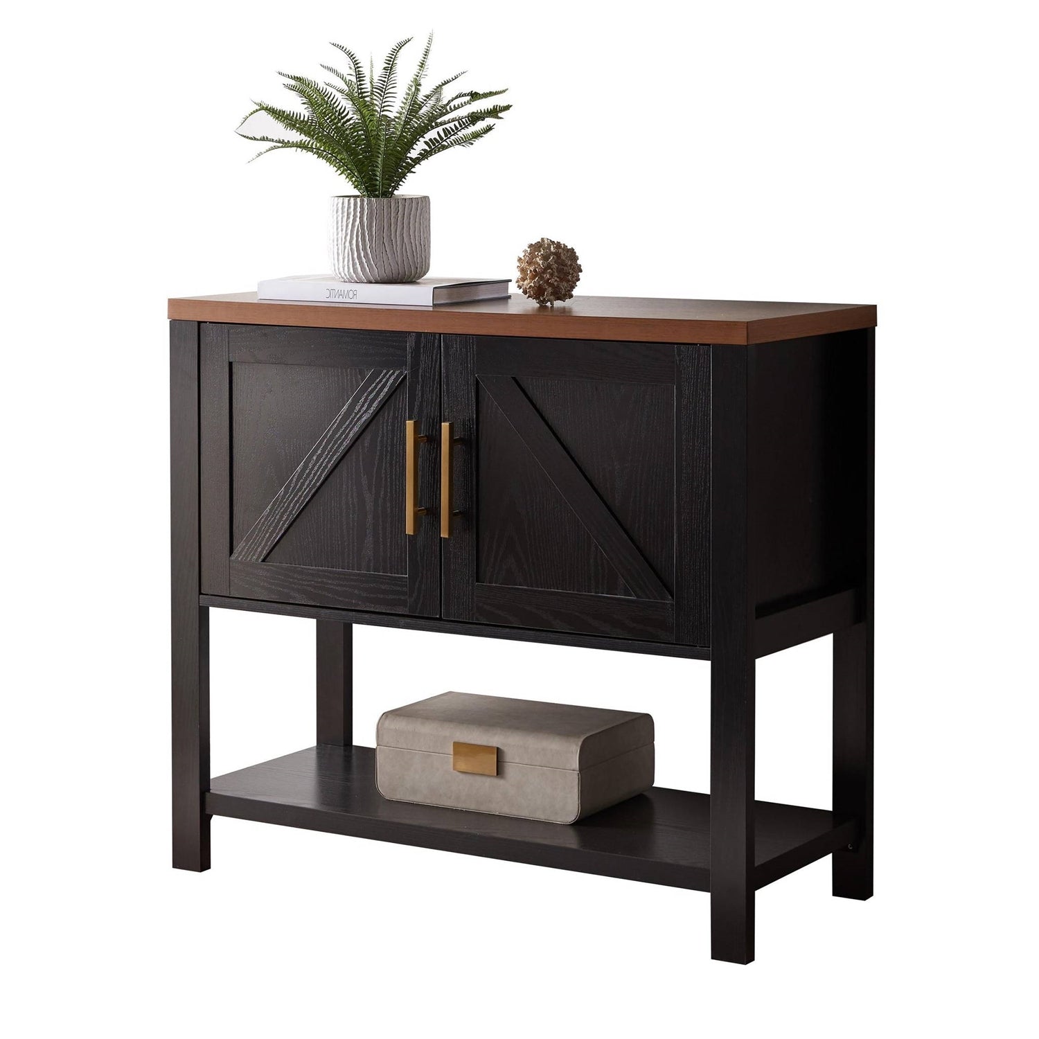 Wooden Console Table with 2 Drawers, Black/Walnut