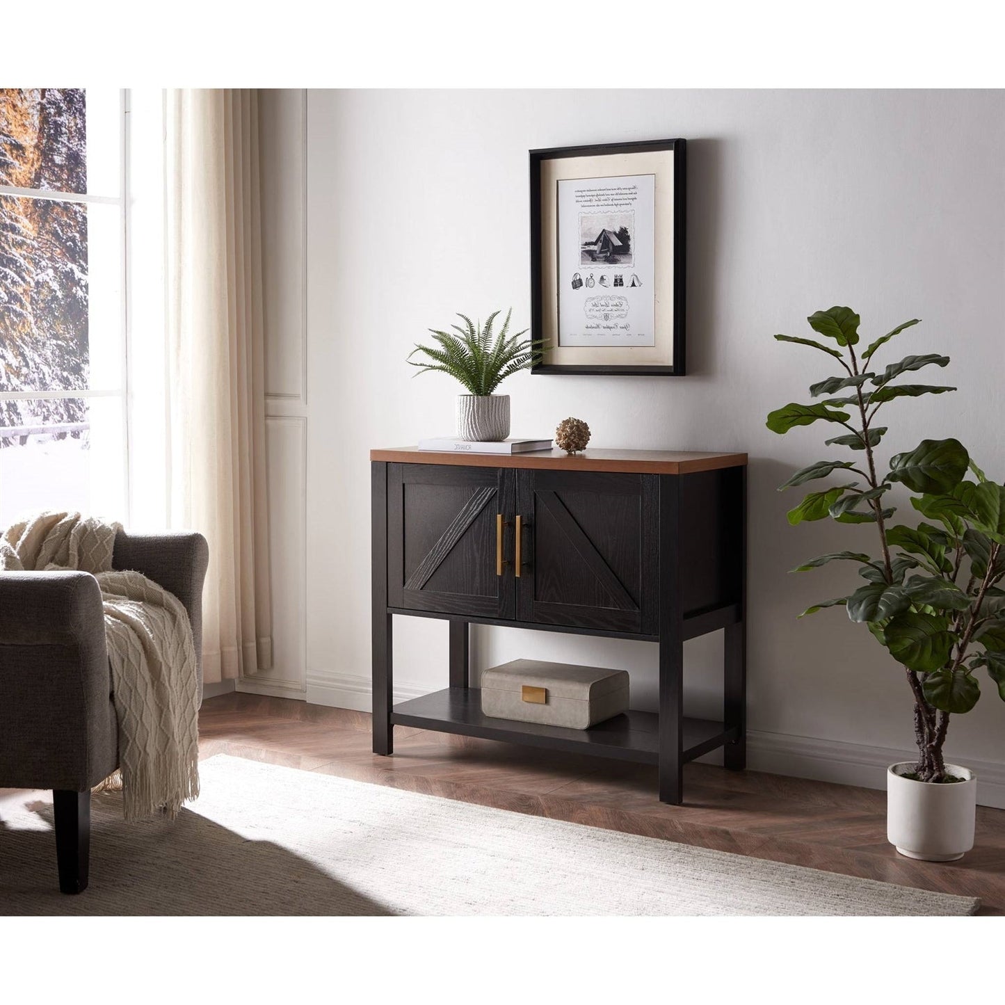 Wooden Console Table with 2 Drawers, Black/Walnut