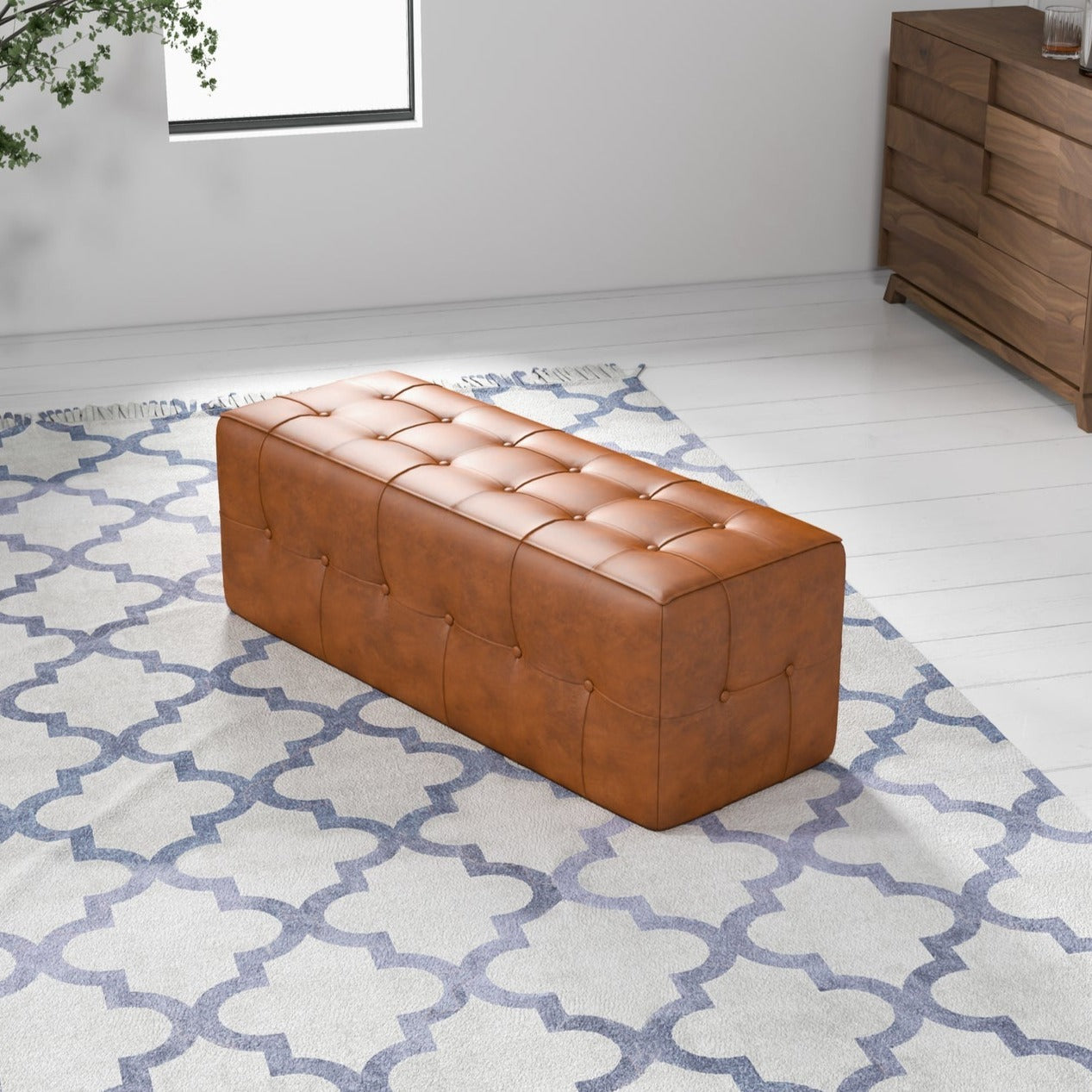 Rectangular Leather Bench | Tan