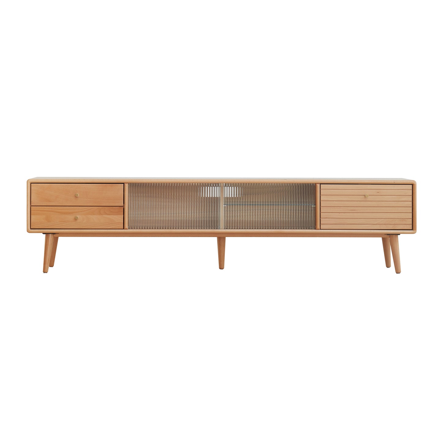 Solid Beech Wood TV Cabinet with Glass Doors, Two Drawers