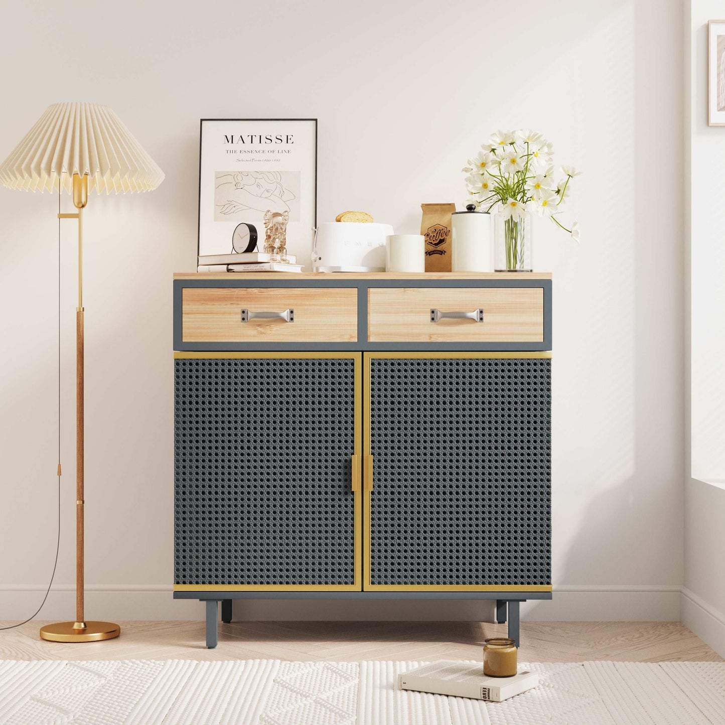 Carbonized Bamboo and Iron 2 Drawer Sideboard With Cabinet, Doors and Trim Grey