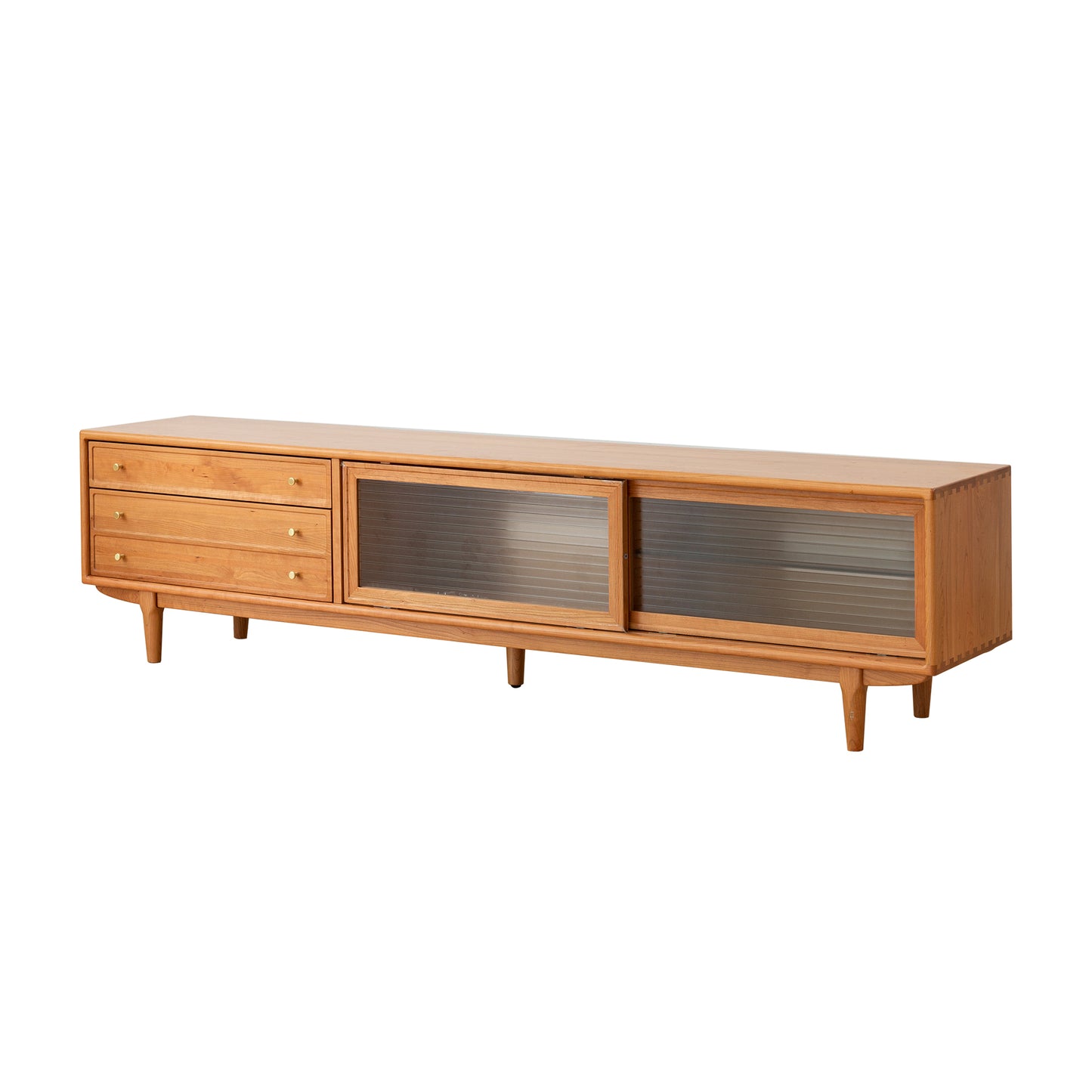 YESWOOD Solid Cherry Wood TV Cabinet with Glass Doors, Two Drawers