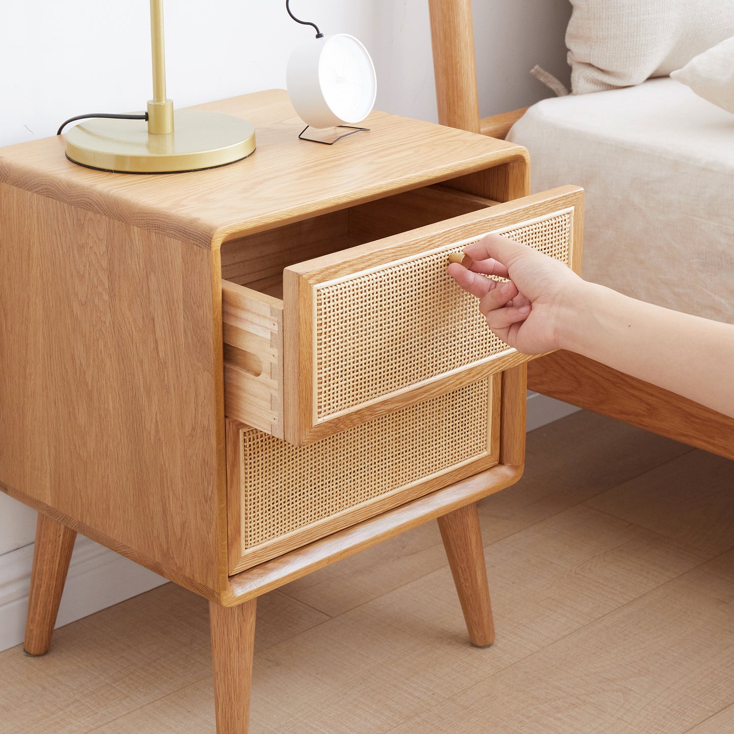 Simple Solid Wood Nightstands w/ Rattan Drawers