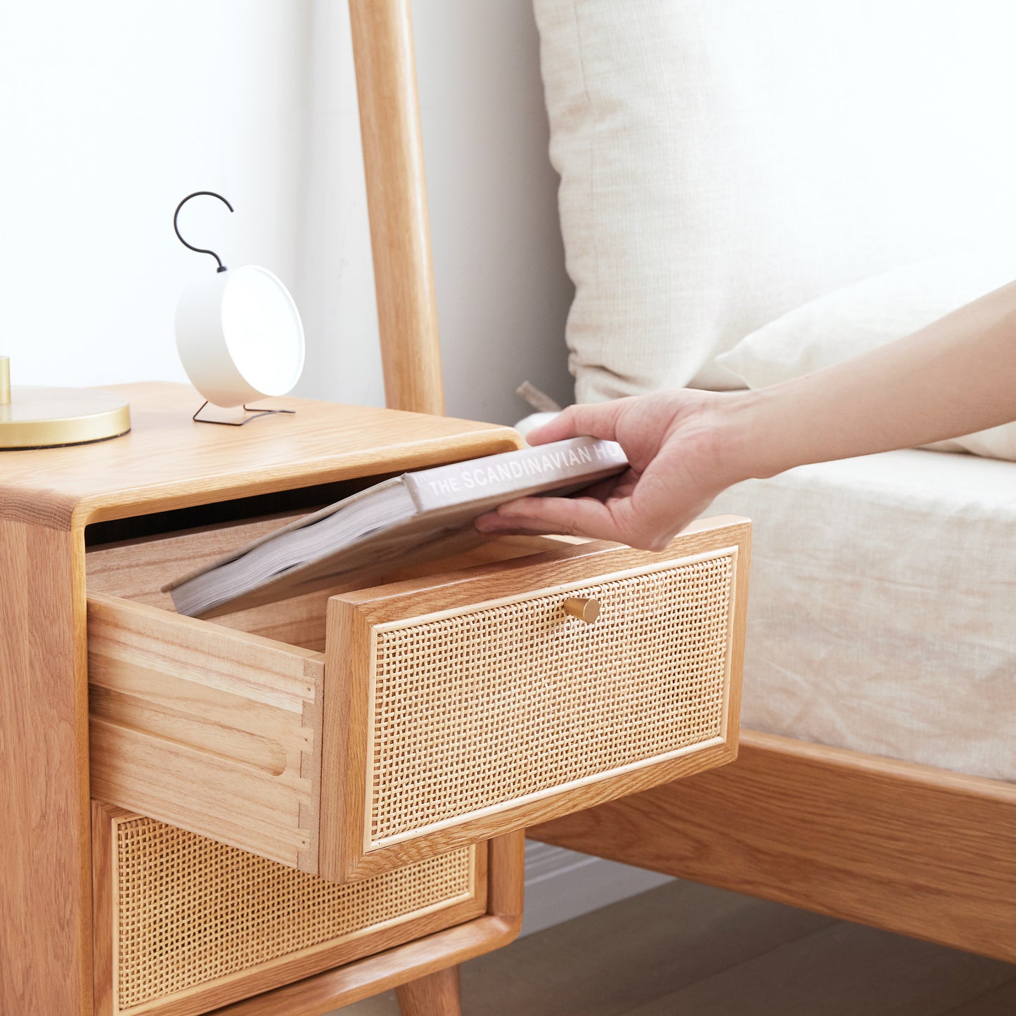 Simple Solid Wood Nightstands w/ Rattan Drawers