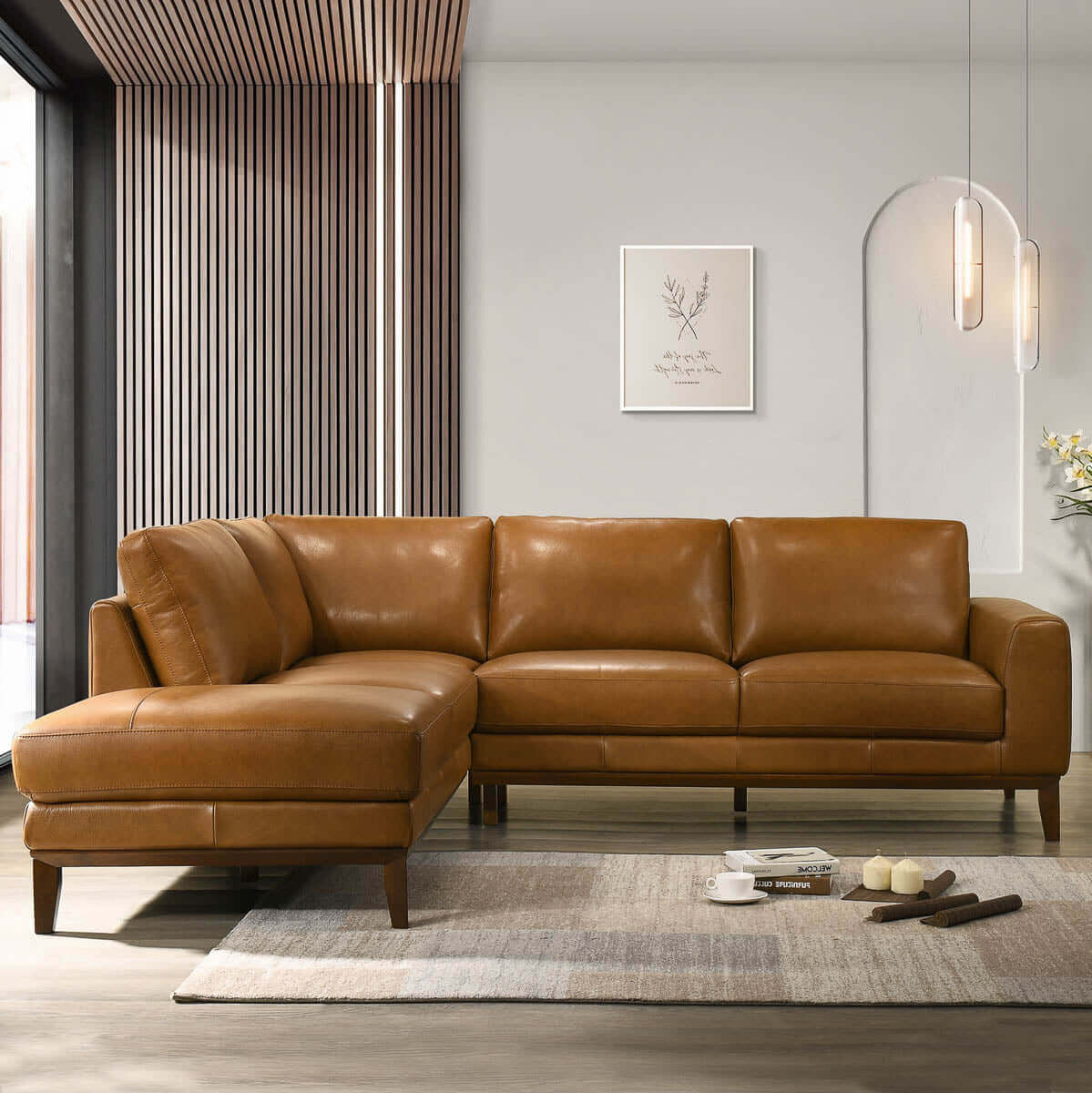 Lawrence Leather Sectional Sofa, Tan, Left Chaise