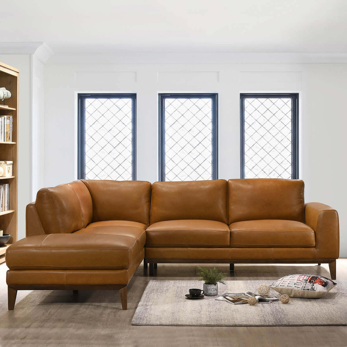 Lawrence Leather Sectional Sofa, Tan, Left Chaise