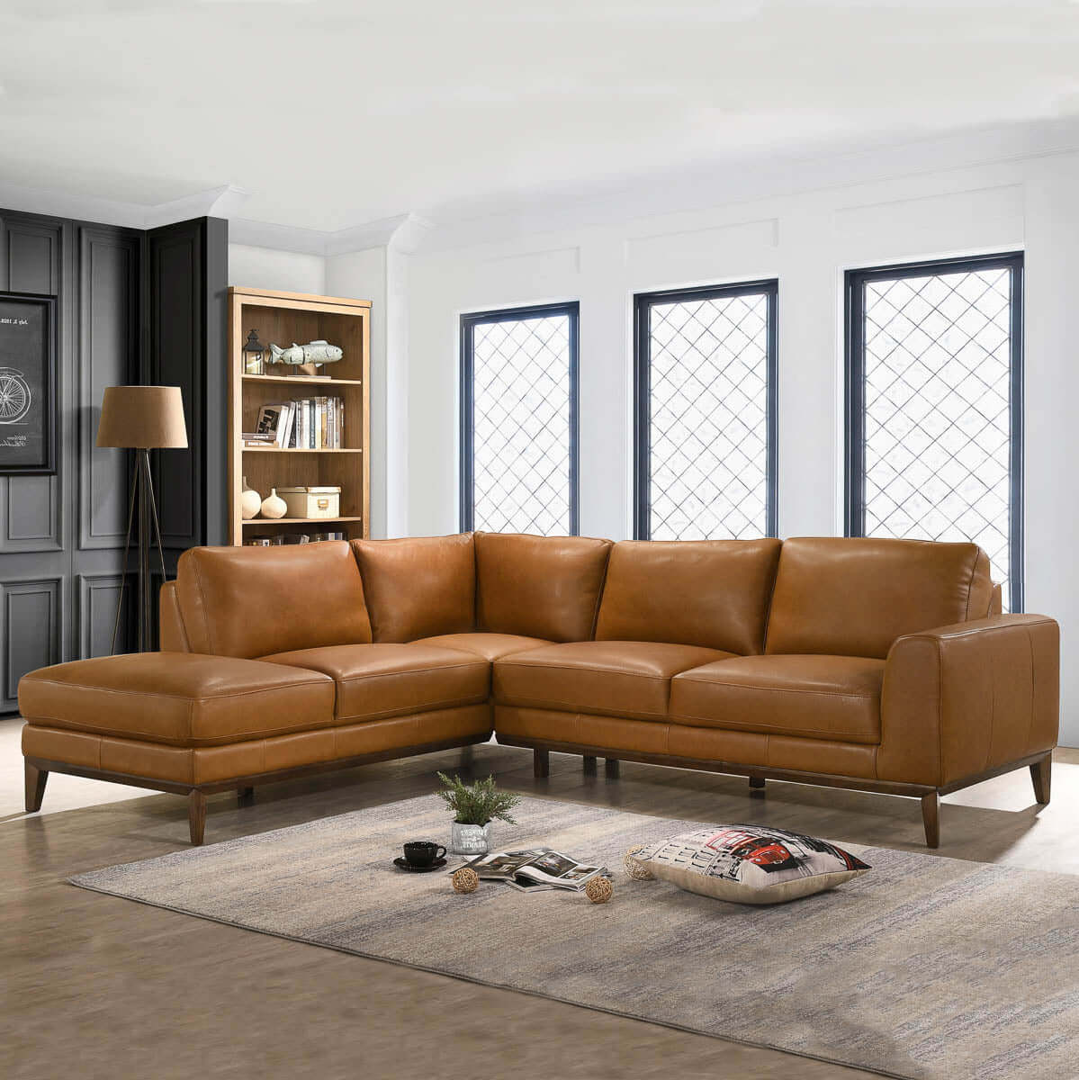 Lawrence Leather Sectional Sofa, Tan, Left Chaise