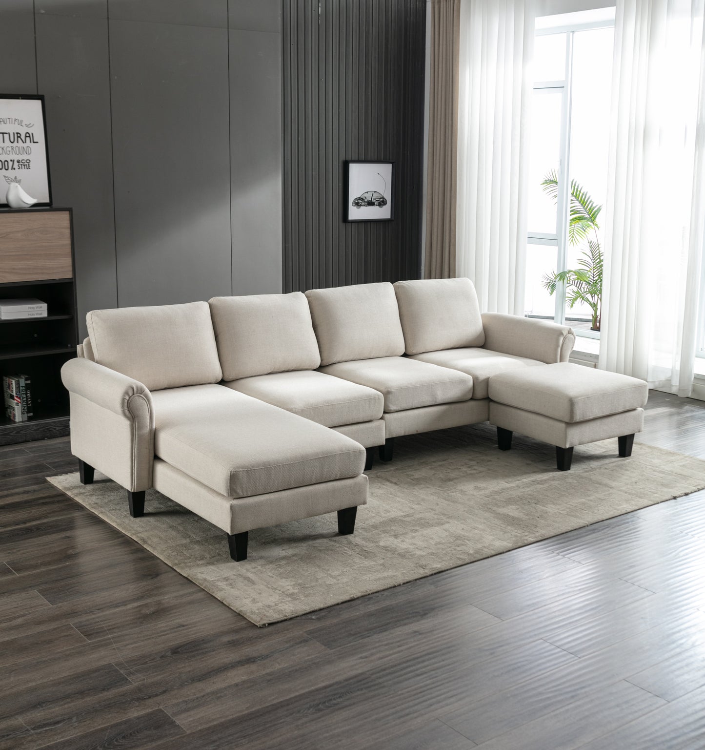 Linen Upholstered Sectional Sofa and Ottoman, Beige