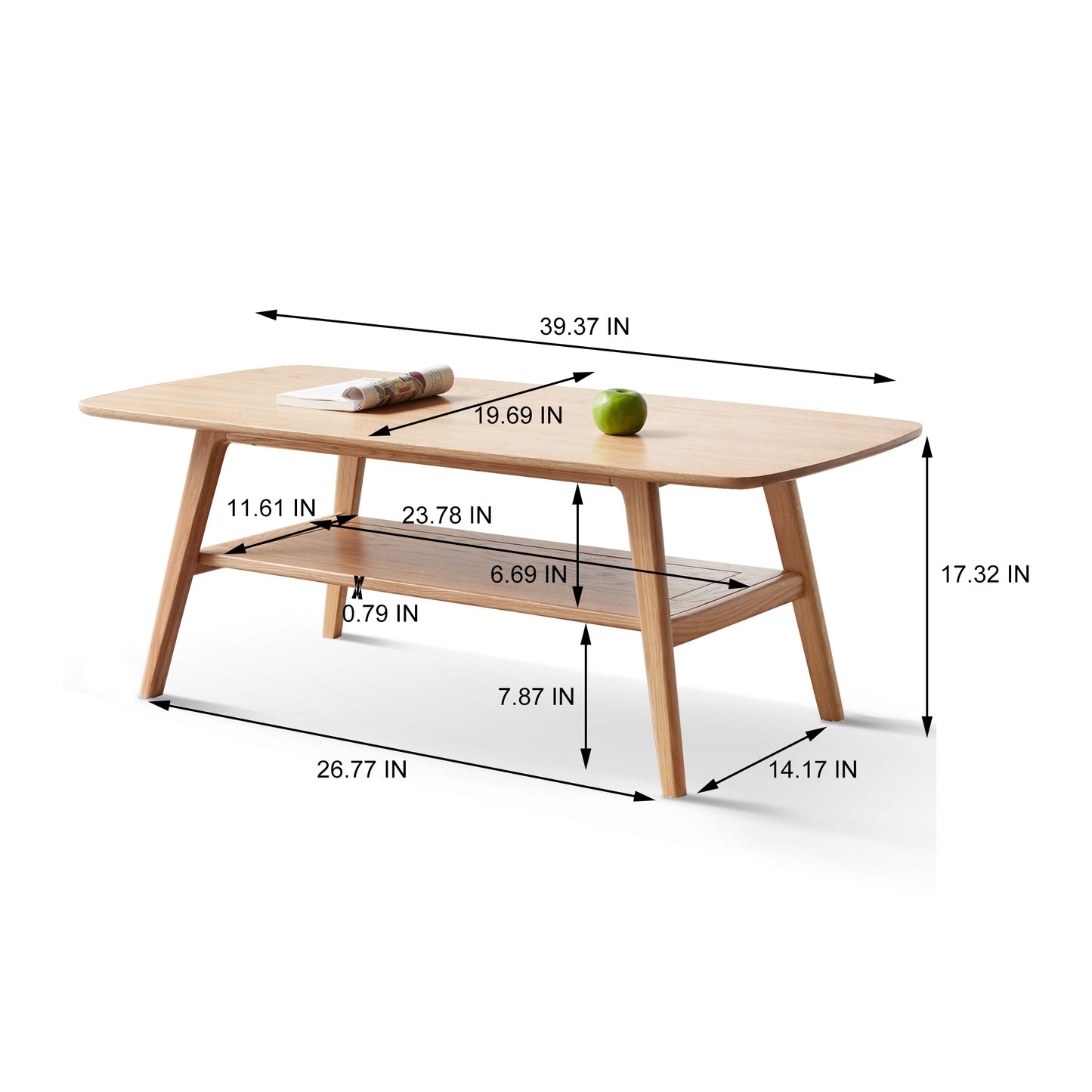 Solid Oak 39.4" Low Coffee Table, Light Oak