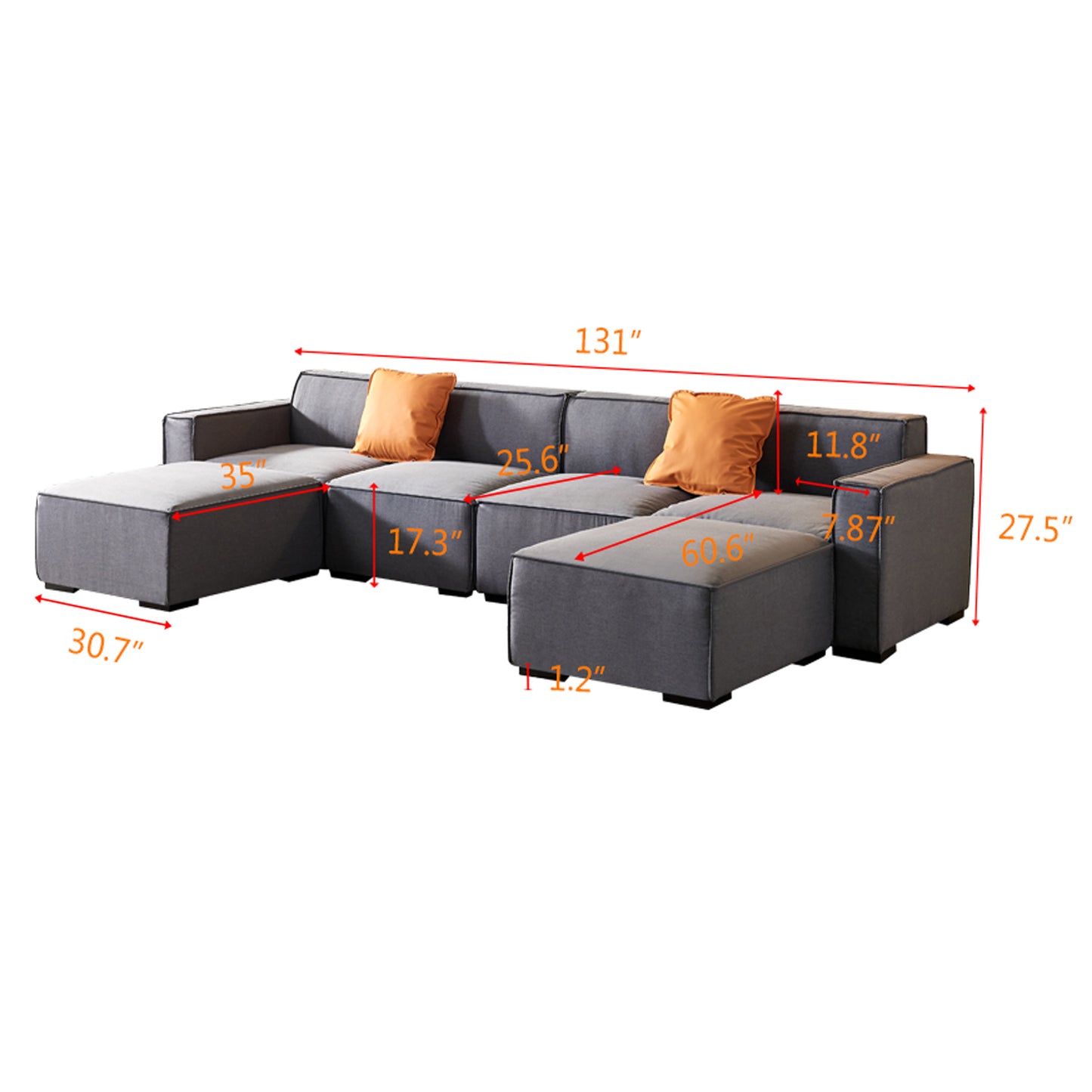 Modular U Shape Sectional Fabric Sofa, Grey