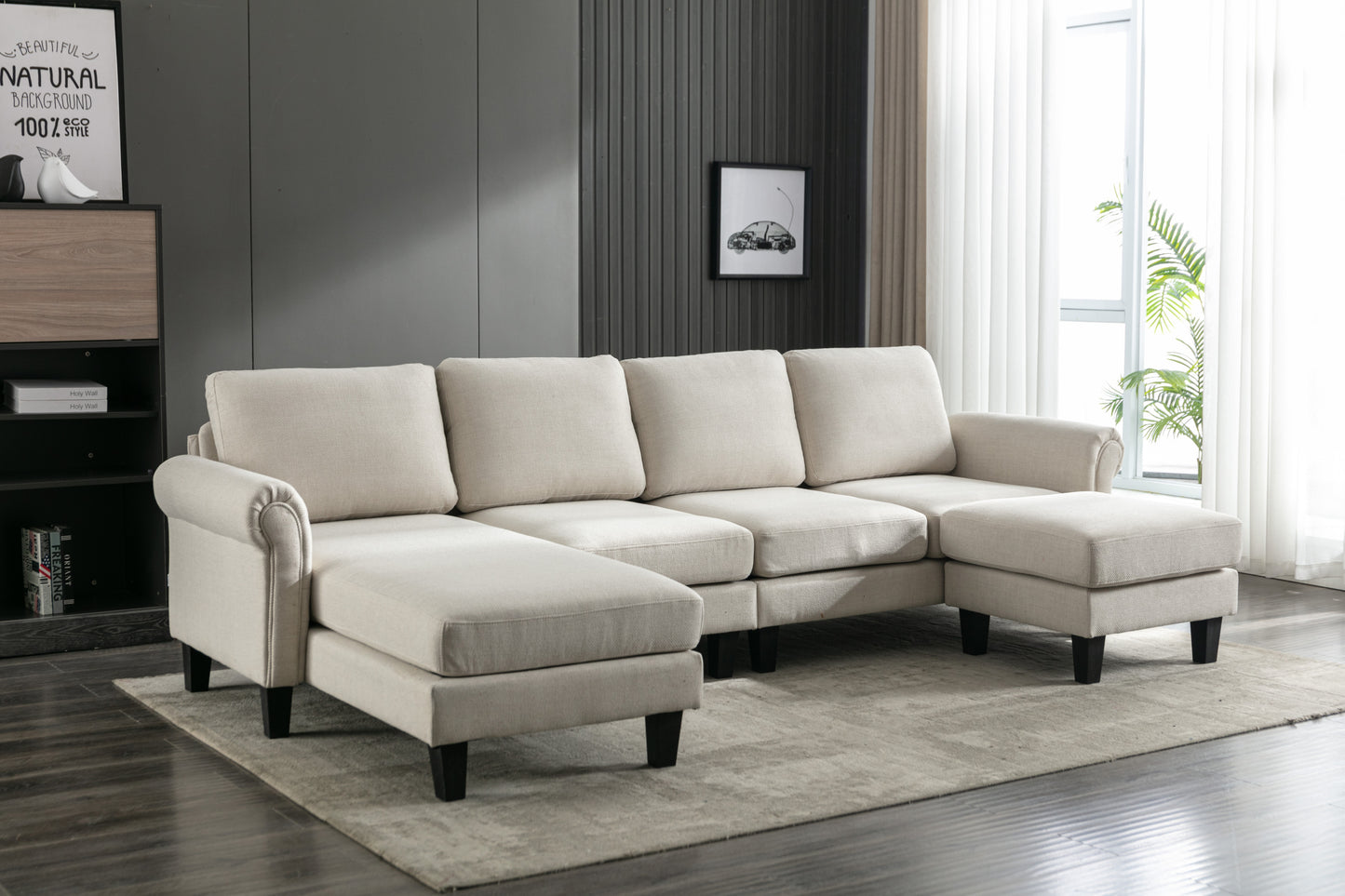 Linen Upholstered Sectional Sofa and Ottoman, Beige