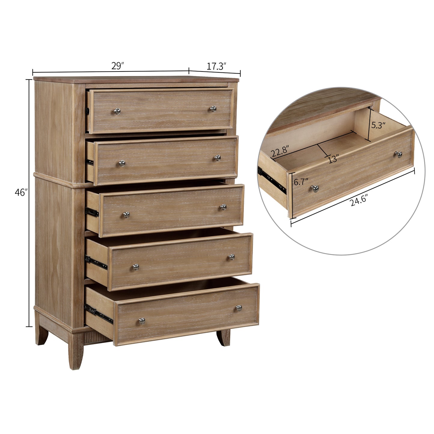 Natural Solid Pine 5 Drawer Chest, Hazel