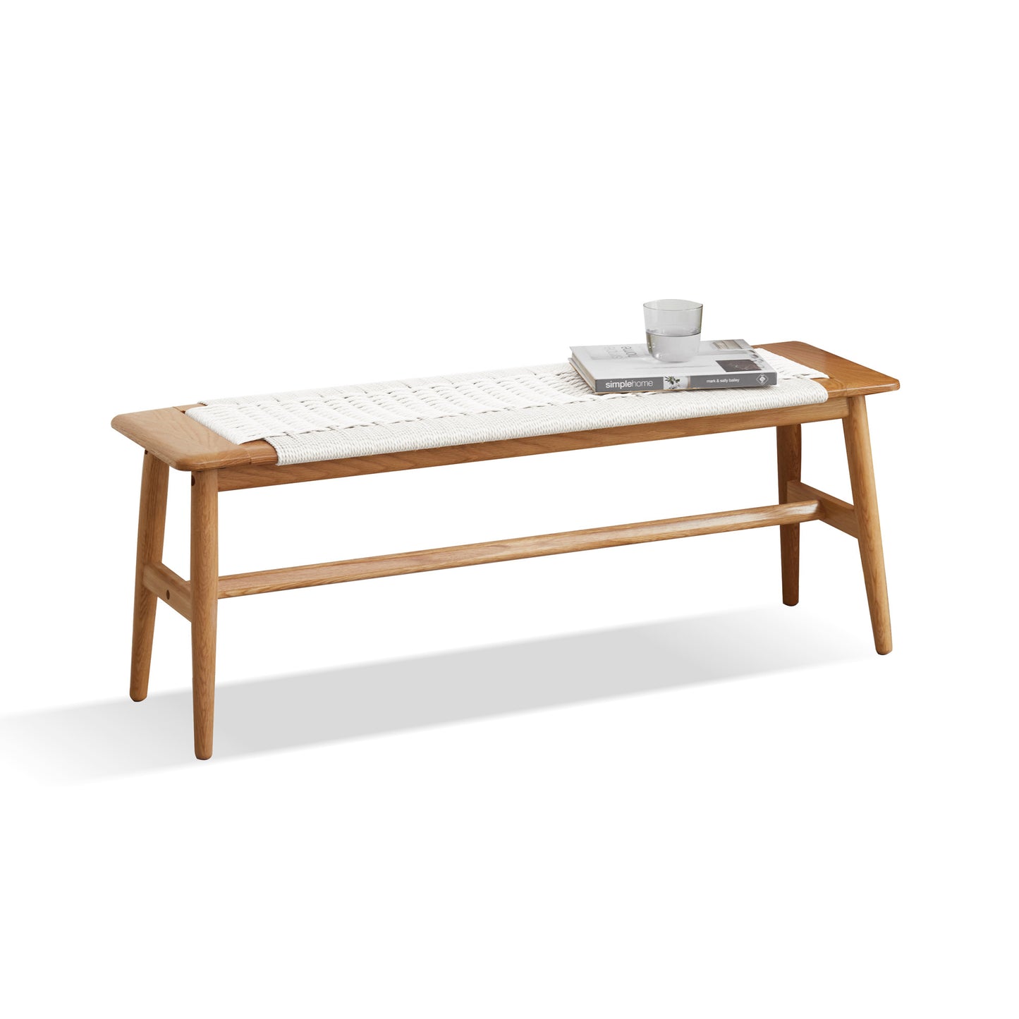 Natural Oak Wood Woven Design Bench, Light Oak / White