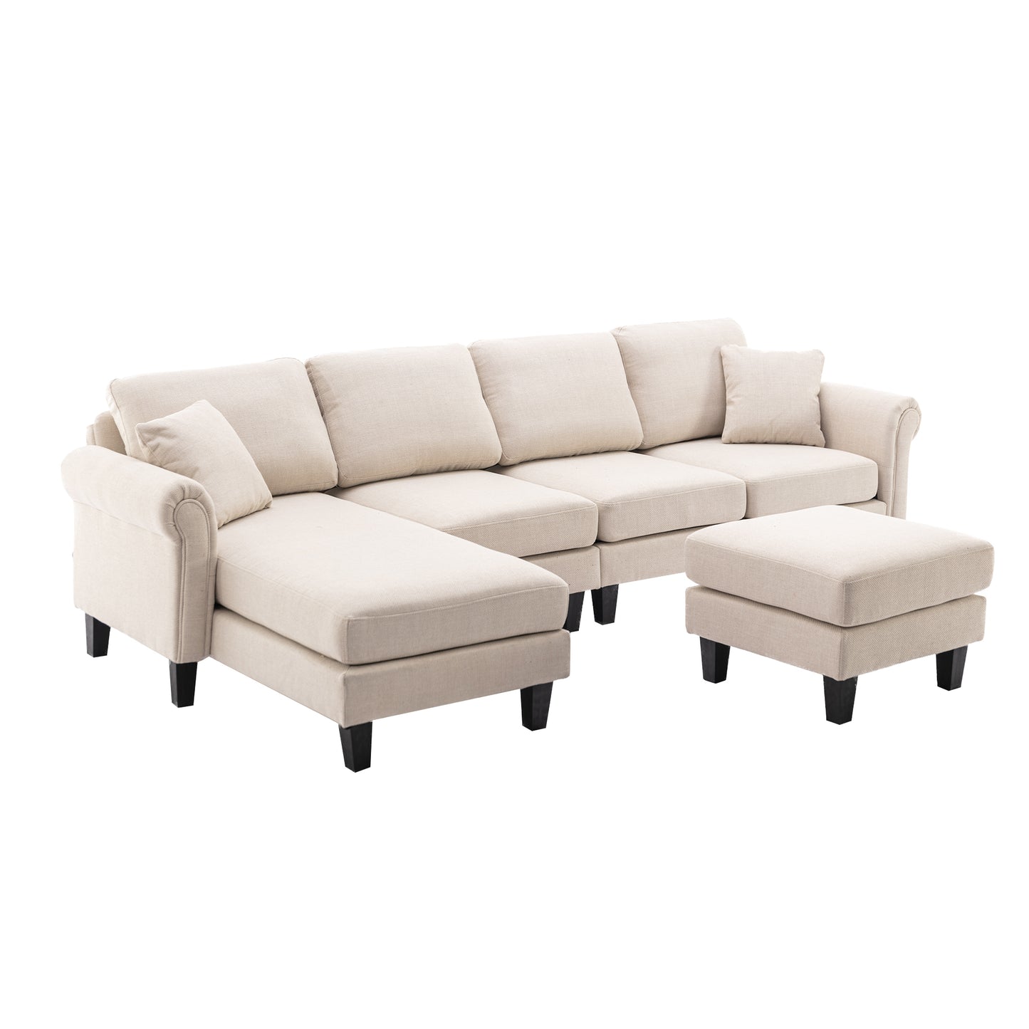 Linen Upholstered Sectional Sofa and Ottoman, Beige